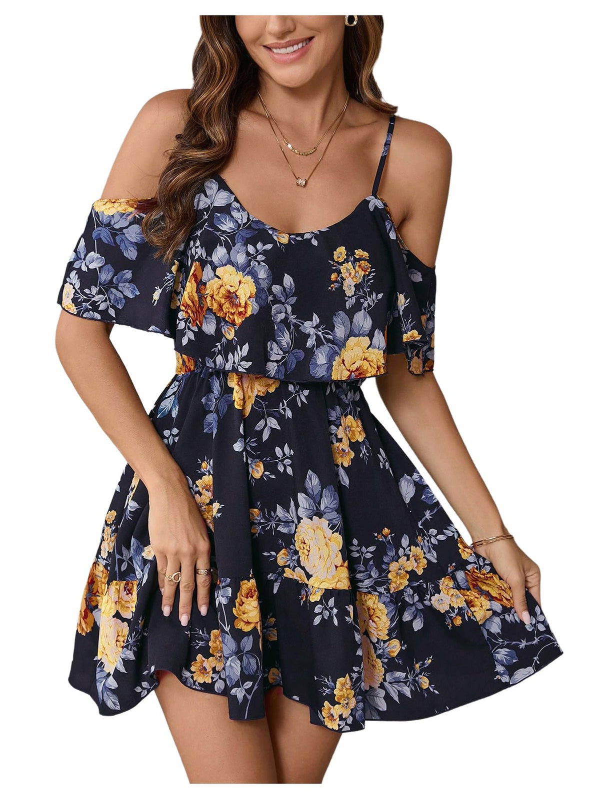 SOLY HUX Women's Summer Floral Mini Dress Cold Shoulder Ruffle Dresses