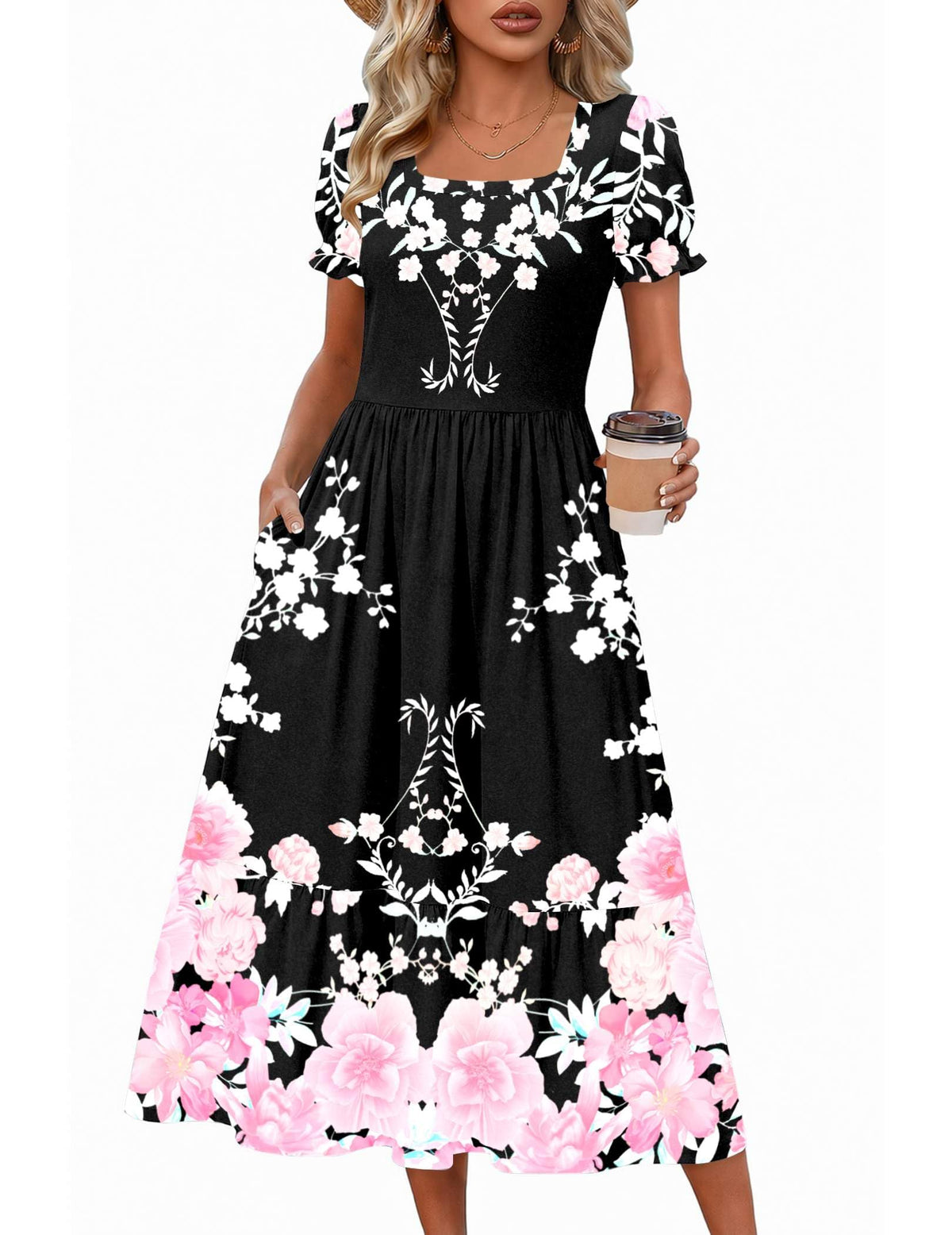 Zeagoo Summer Dresses for Women Flowy Casual Midi Dress Short Sleeve Tiered Dress Beach Vacation Sundresses with Pockets