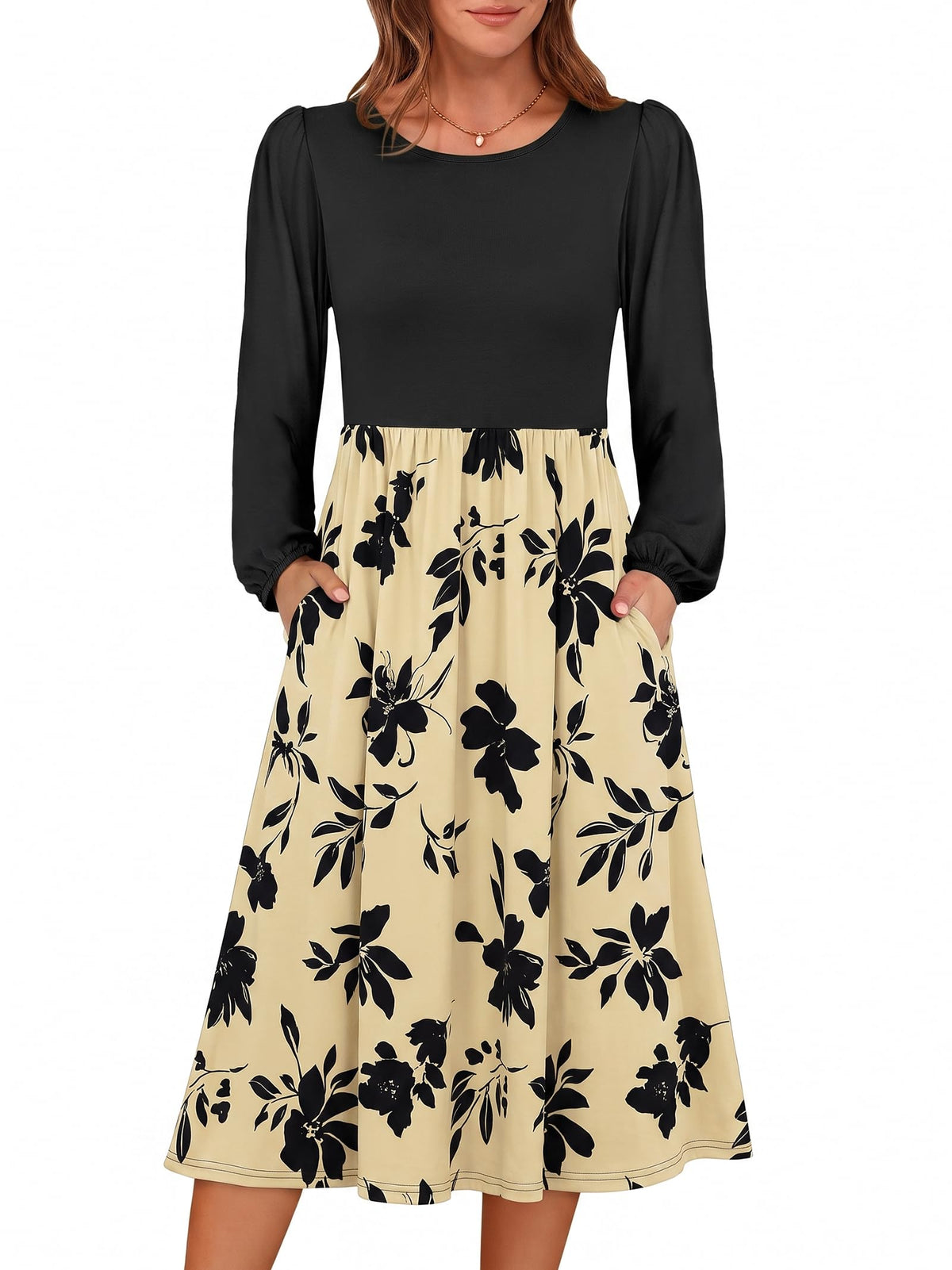 ANRABESS Women Long Sleeve Casual Fall Midi Dress Lightweight with Pockets