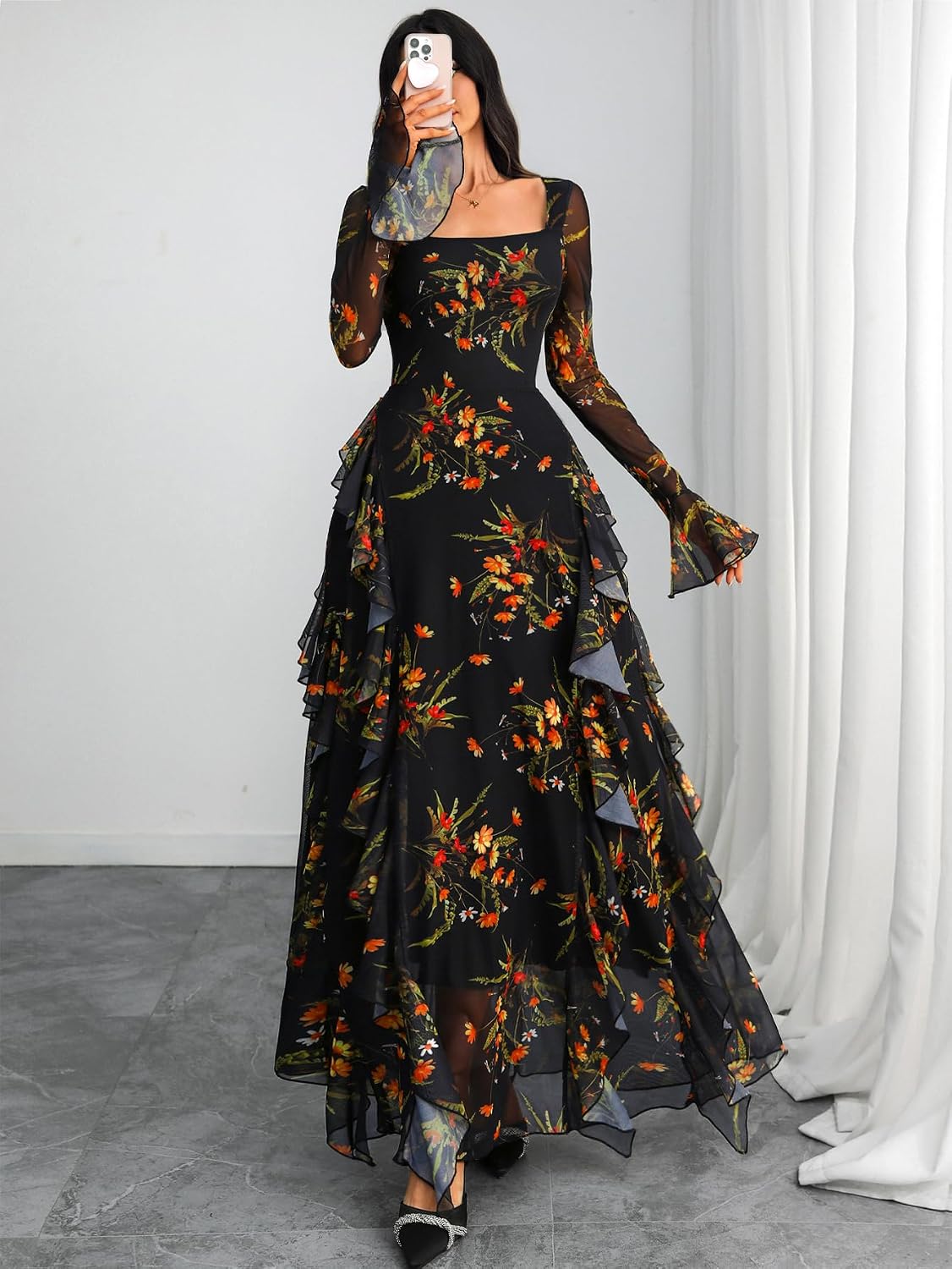GothDark Women's Floral Dress Long Sleeve Square Neck Ruffle Party Outfit