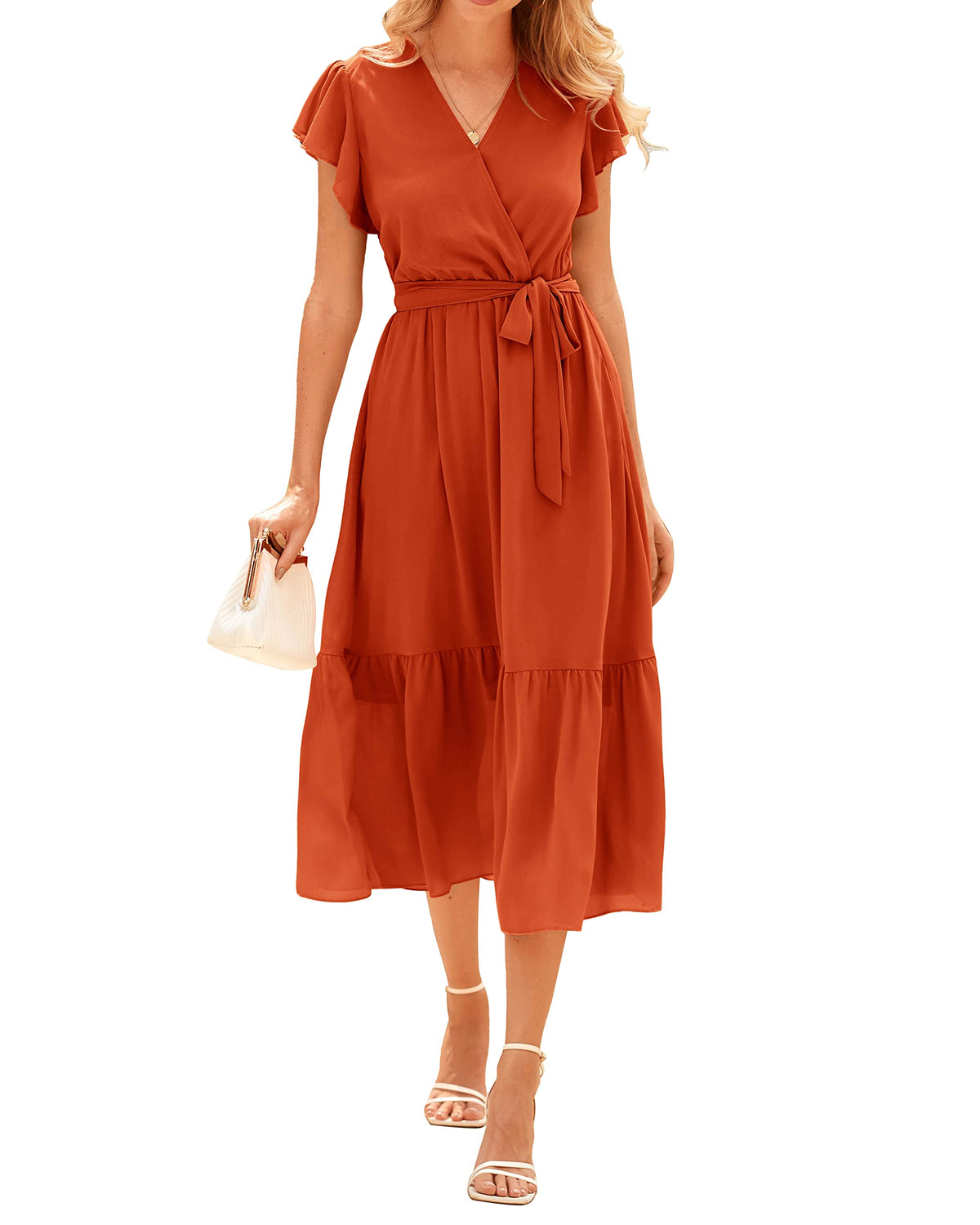 BTFBM Women Summer Casual Wrap V Neck Ruffle Cap Sleeve Belted Midi Dress