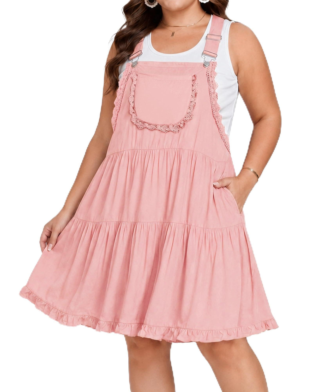 Moon Wood Plus Size Overall Dress for Women Adjustable Straps Lace Trim Jumper Dress with Pockets Tiered Mini Dress