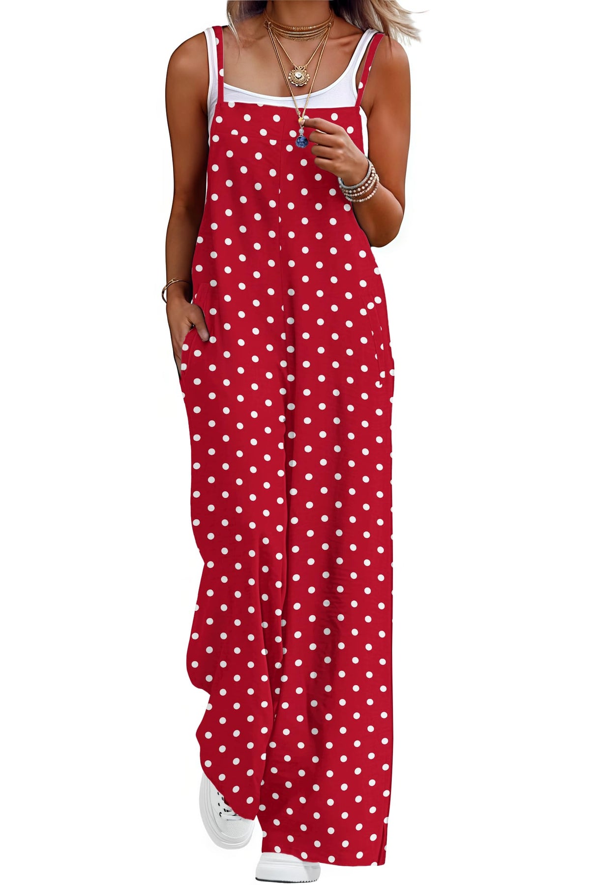 Lepunuo Womens Casual Loose Jumpsuits Summer Boho Wide Leg Rompers Sleeveless Overalls with Pockets