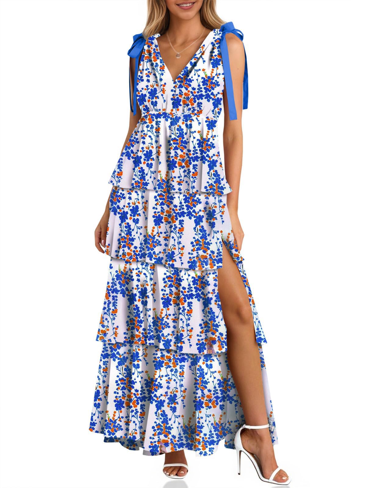 Wenrine Womens Elegant Wedding Guest Dress Floral Ruffle Maxi Dresses