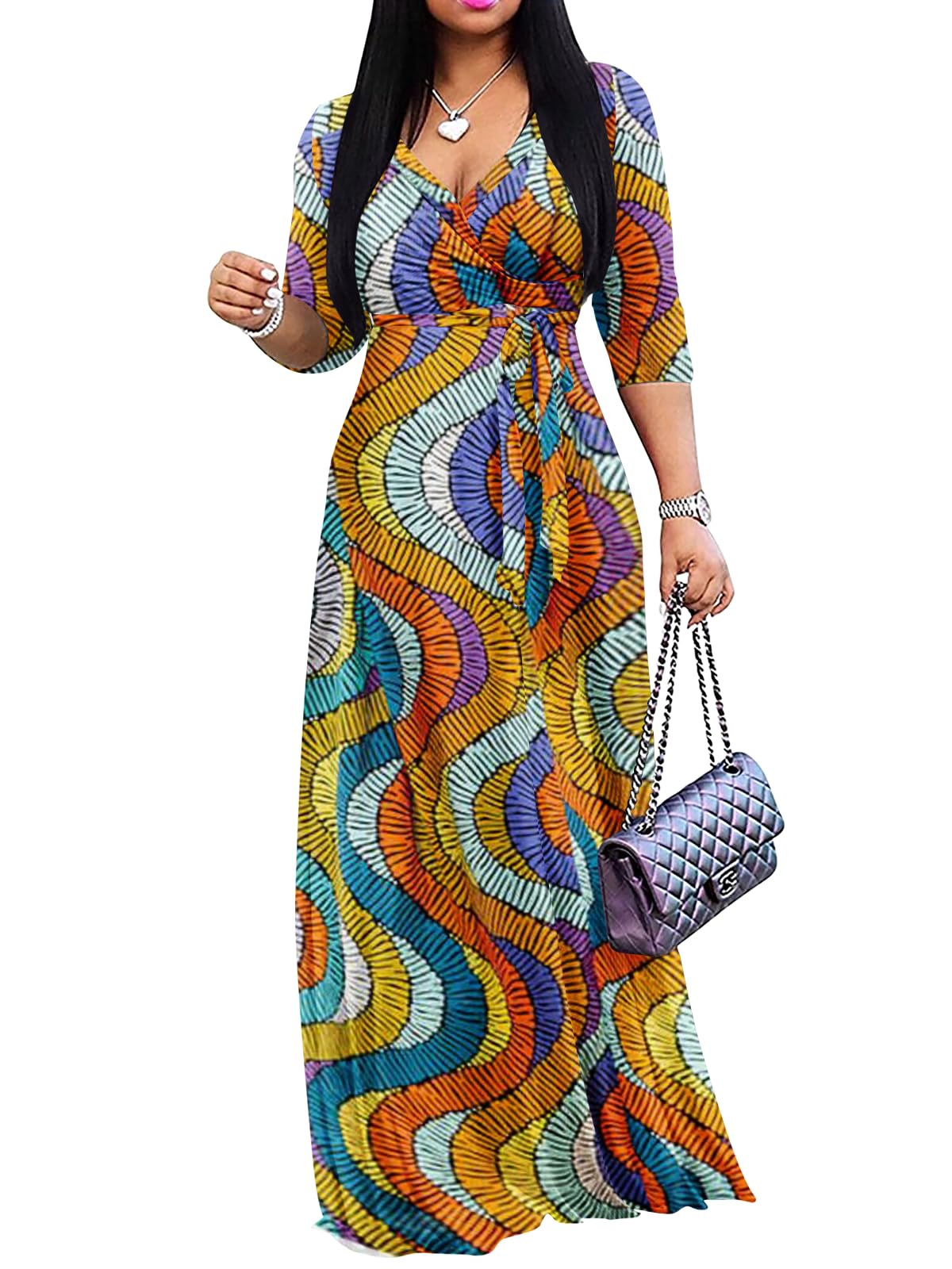 Yajedo Womens Casual Summer Maxi Dress Plus Size Sexy Wrap V Neck 3/4 Sleeve Sundress with Pockets