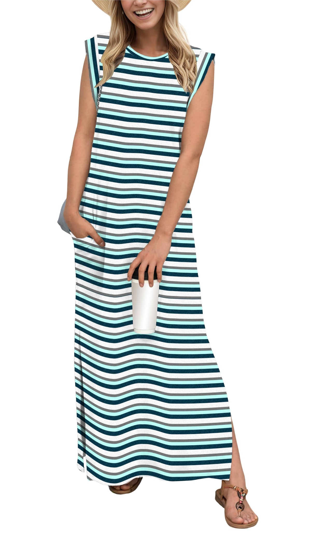 GRECERELLE 2026 Women Year-Round Casual Round Neck Loose Split Wrinkle-Free Long Maxi Vacation Dress with Pockets (XXS-4XL)