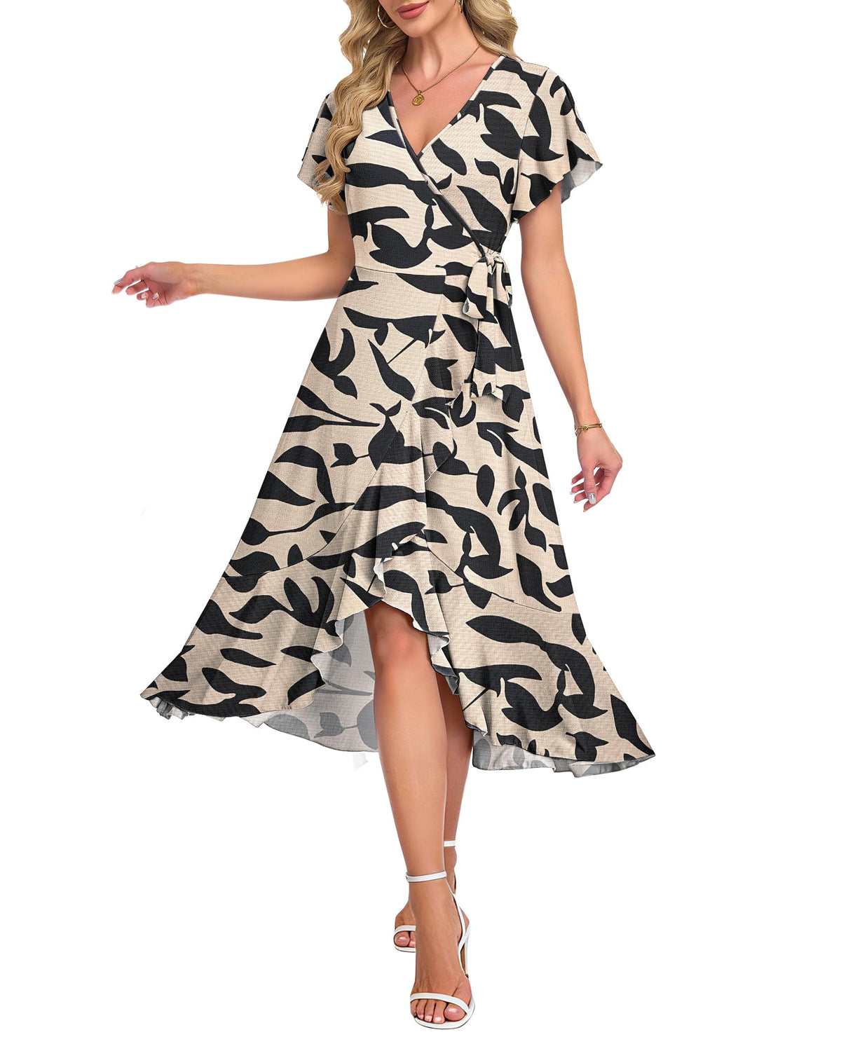 AUSELILY Women Summer Midi Dresses Wrap Short Flutter Sleeve Elegant Dress