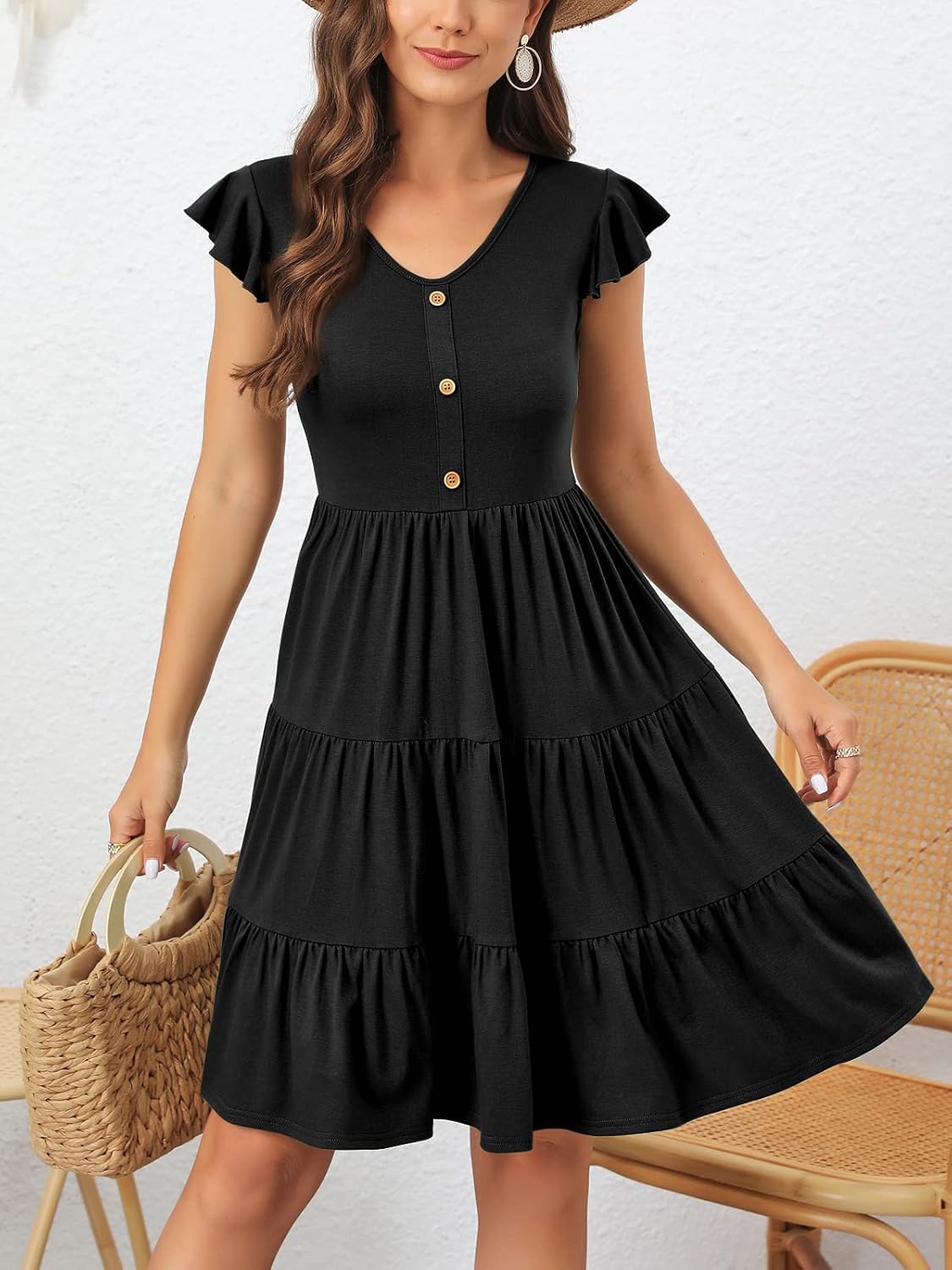 Lamilus Summer Dresses for Women 2026 Ruffle Sleeve V Neck Non-See Through Tiered Babydoll Mini Dress Graduation Beach