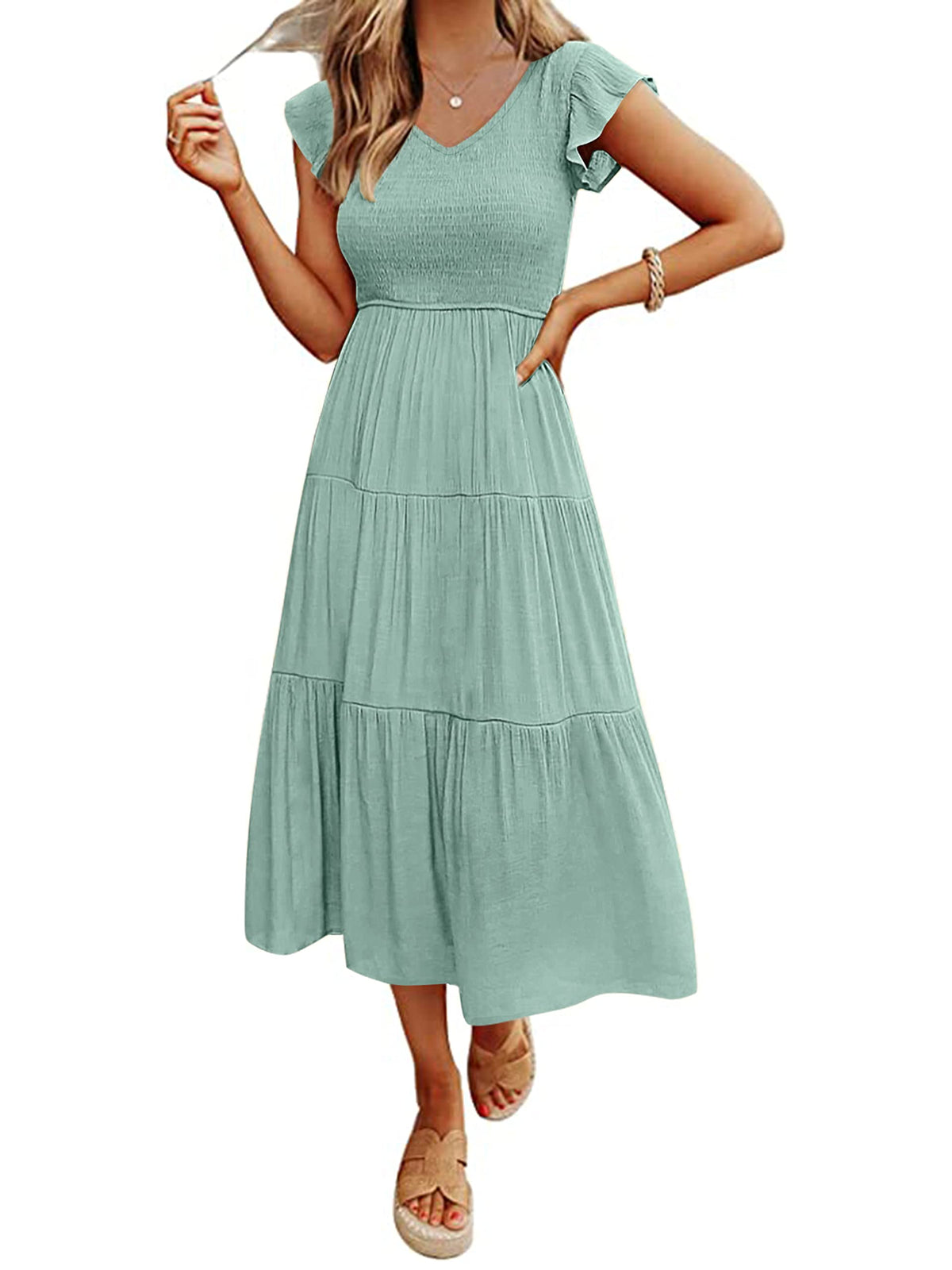 MEROKEETY Women's Summer 2026 Flutter Sleeve Smocked Casual Midi Dress