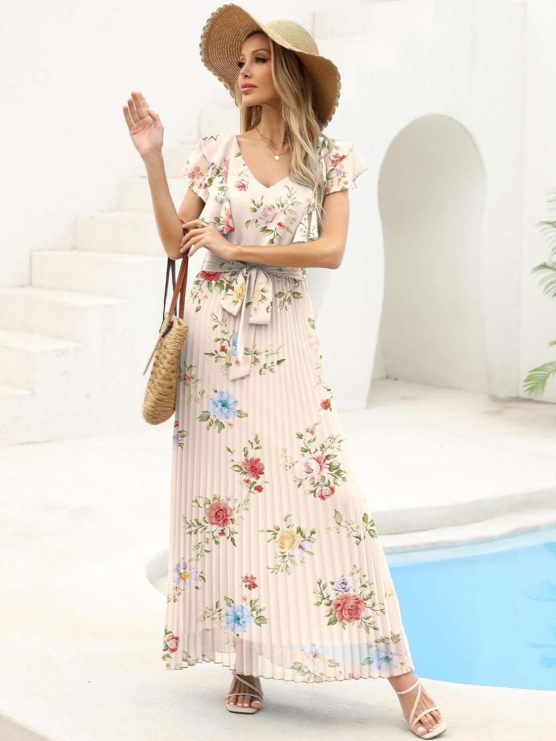 ANRABESS Women V Neck Ruffle Sleeve Floral Pleated Maxi Dresses Summer Boho Belt Empire Waist Wedding Guest Party Flowy Dress