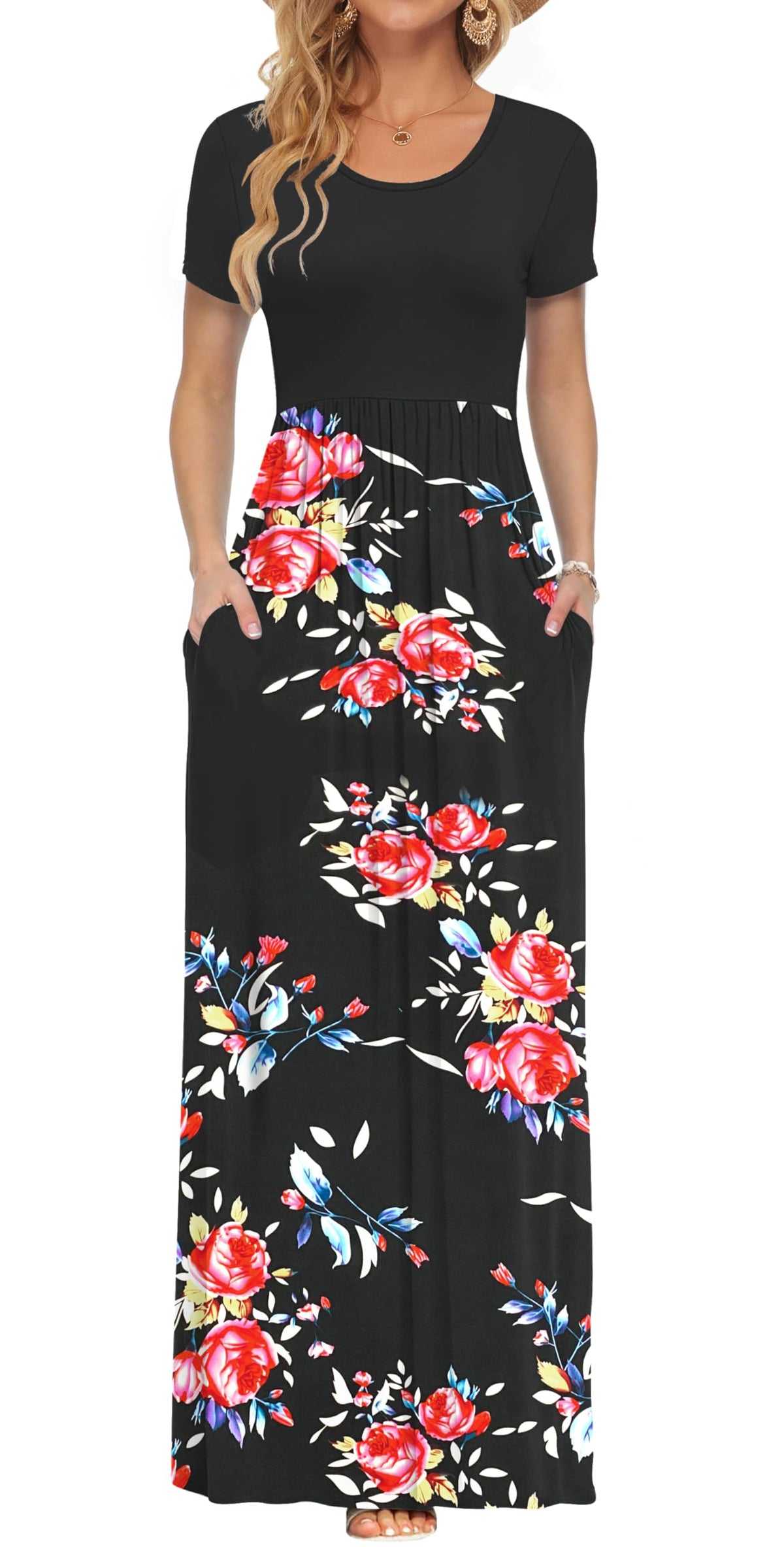 AUSELILY Women's Summer Short Sleeve Loose Plain Casual Long Maxi Dresses