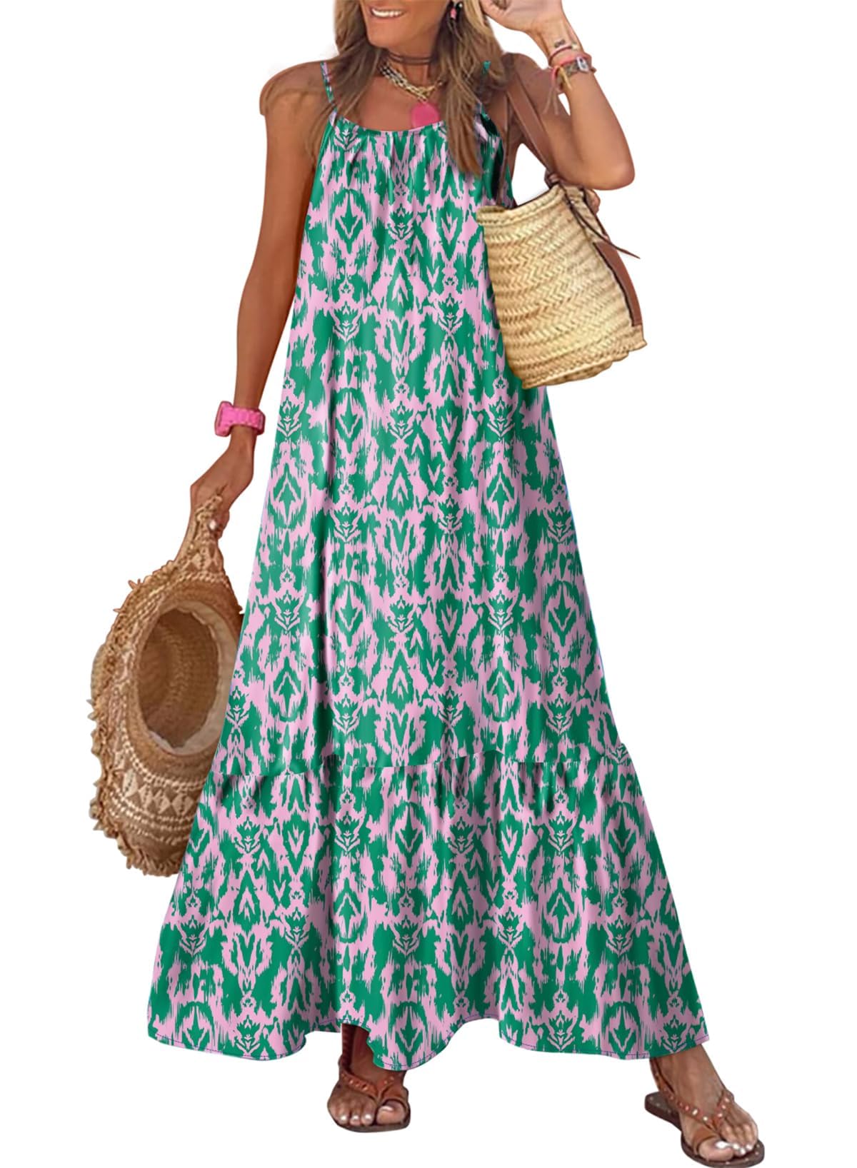 Dokotoo Women Summer Dresses Scoop Neck Ruffle Flowy Boho Maxi Dress