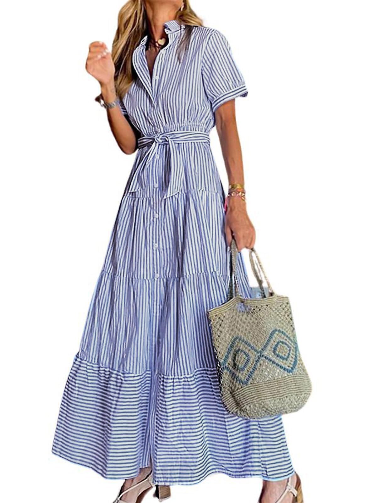 utcoco Womens Casual Short Sleeve Button Down Tie Waist Ruffled Striped Maxi Shirt Dress