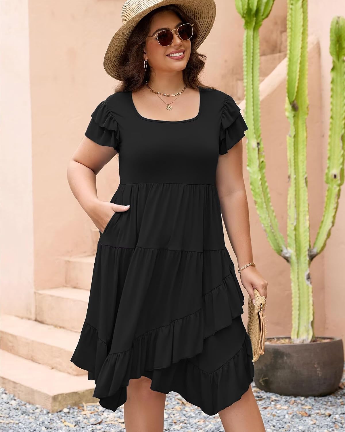 Womens Plus Size Casual Dress Square Neck Double Ruffle Short Sleeves 2 Pockets Ruffled Hem Flowy Dresses