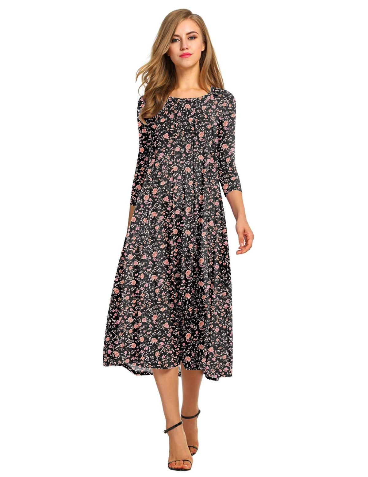 HOTOUCH Women's 3/4 Sleeve A-line and Flare Midi Long Dress
