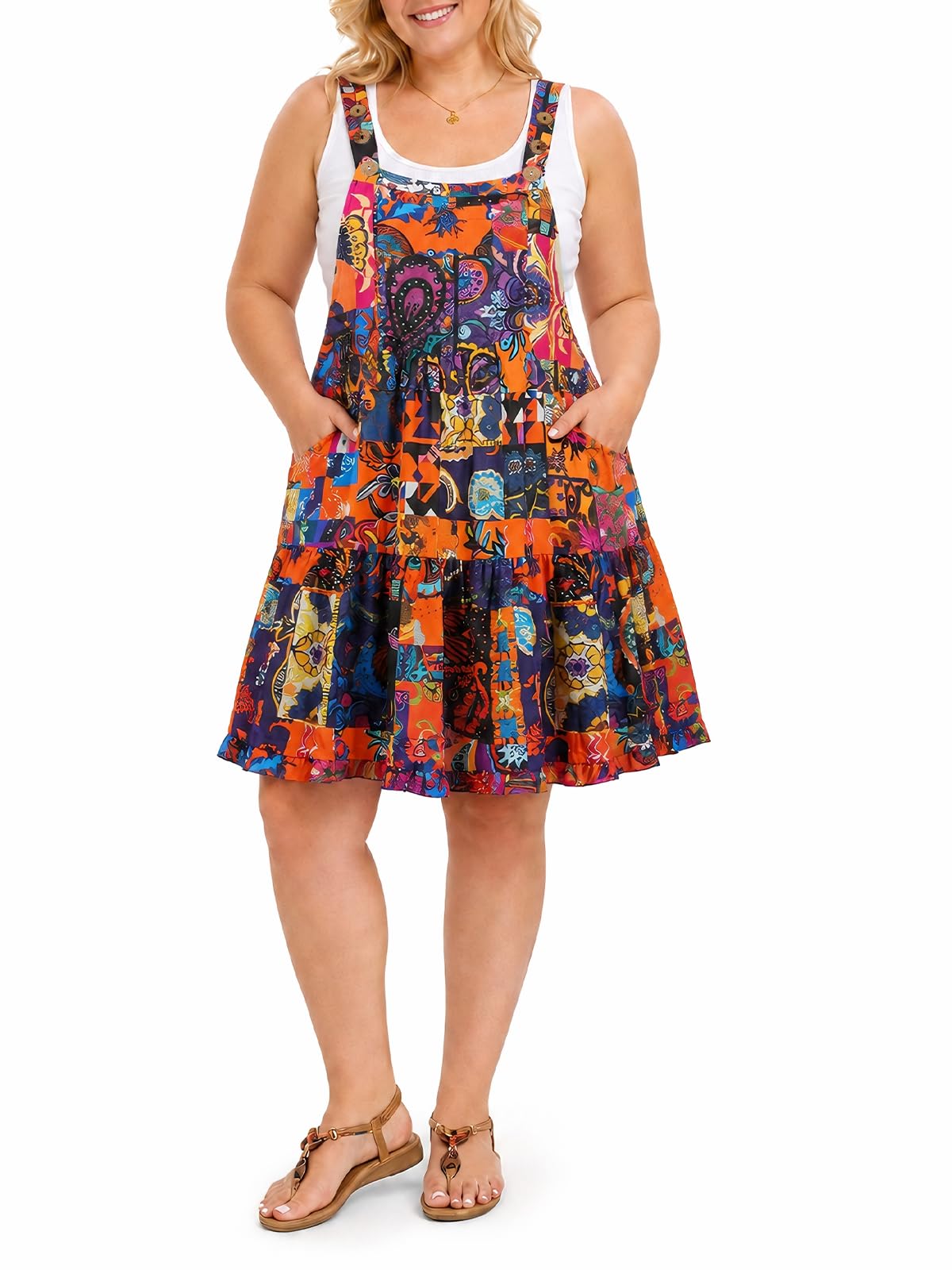 Moon Wood Plus Size Overall Dress for Women Adjustable Straps Jumper Pinafore Dress with Pockets Summer Mini Short Dress