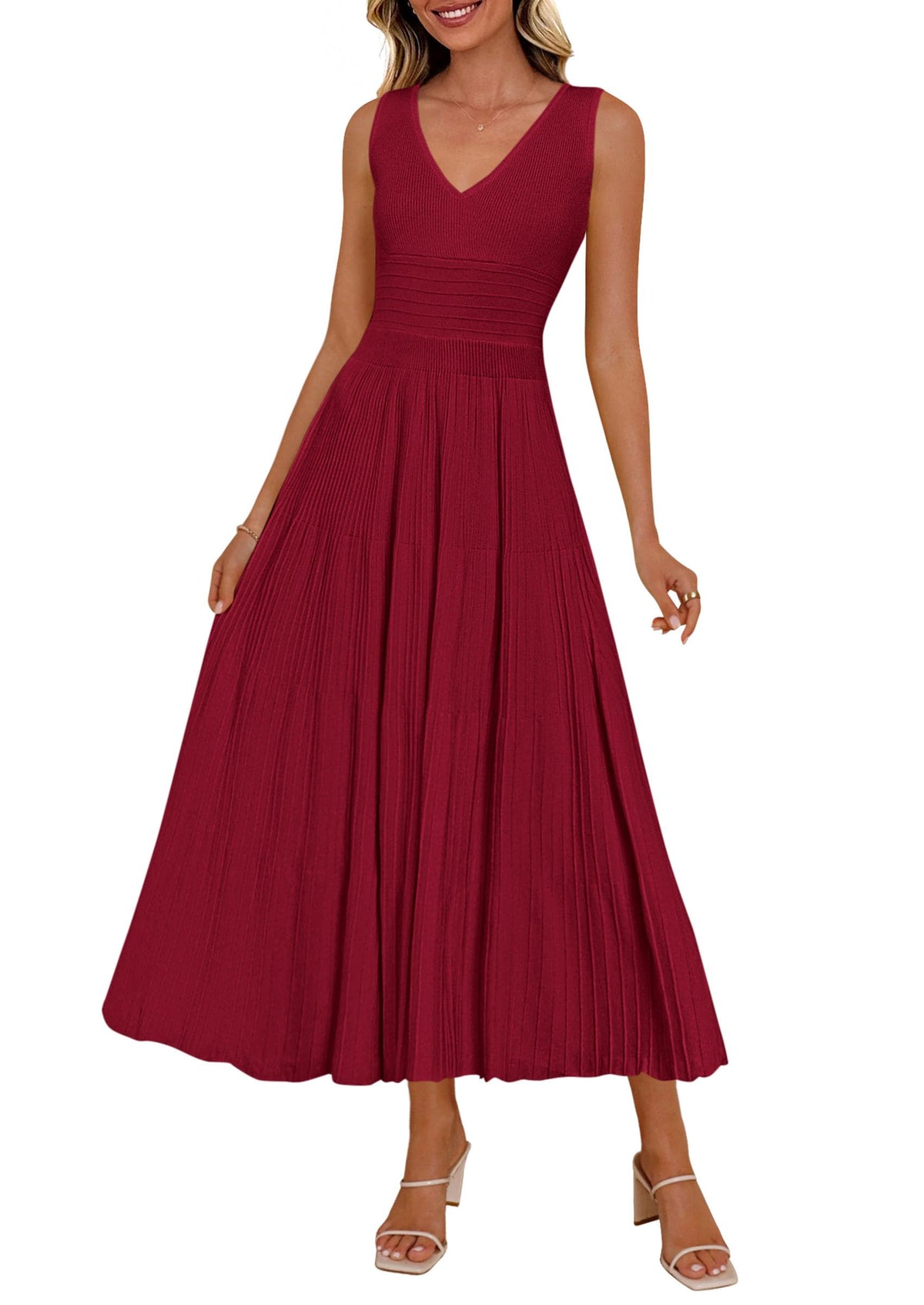 PRETTYGARDEN Women's Summer V Neck Pleated Midi Dress