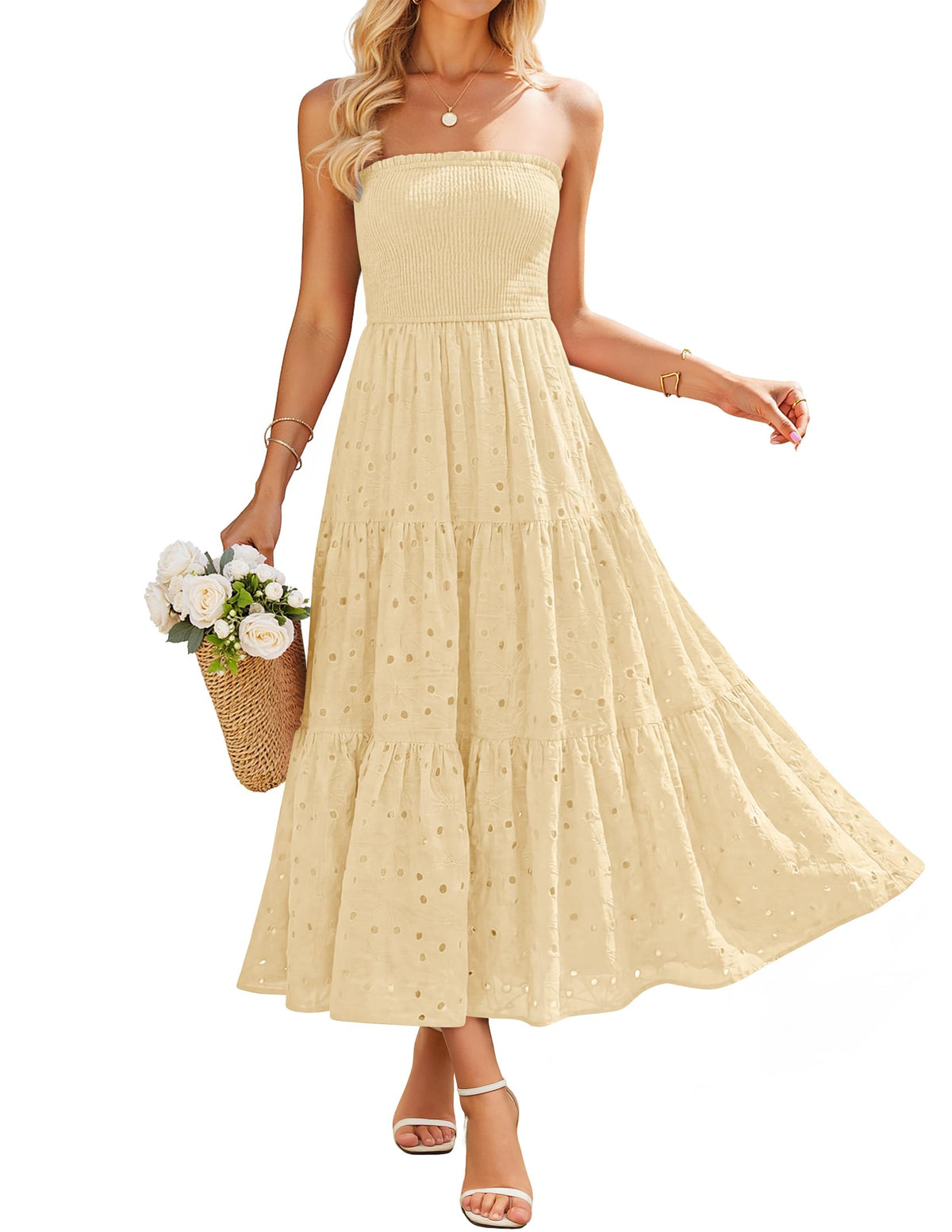 ZESICA Womens 2026 Summer Boho Strapless Smocked Midi Dresses