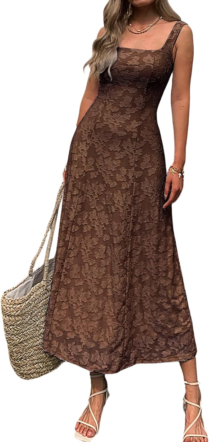 Mieazom Women’s Floral Maxi Dress Square Neck Sleeveless A Line Summer Dress Elegant Fitted Bodice Flowy Long Sundress