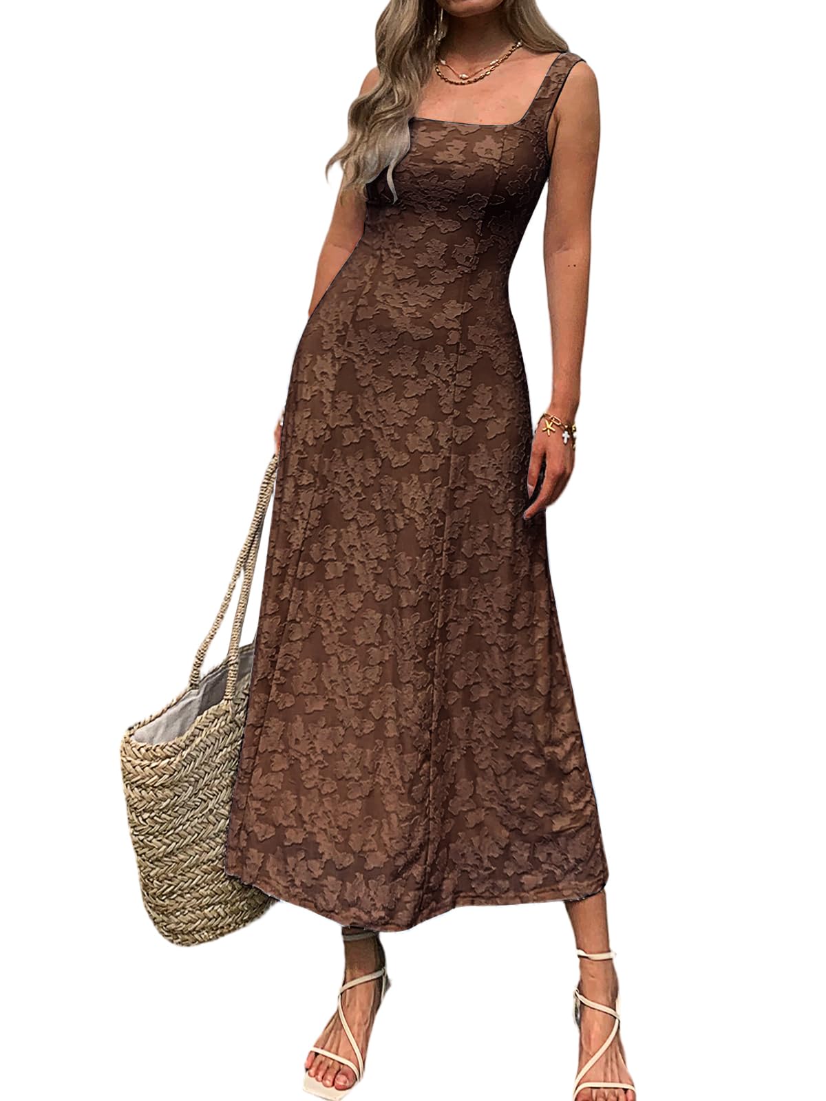 Mieazom Women’s Floral Maxi Dress Square Neck Sleeveless A Line Summer Dress Elegant Fitted Bodice Flowy Long Sundress