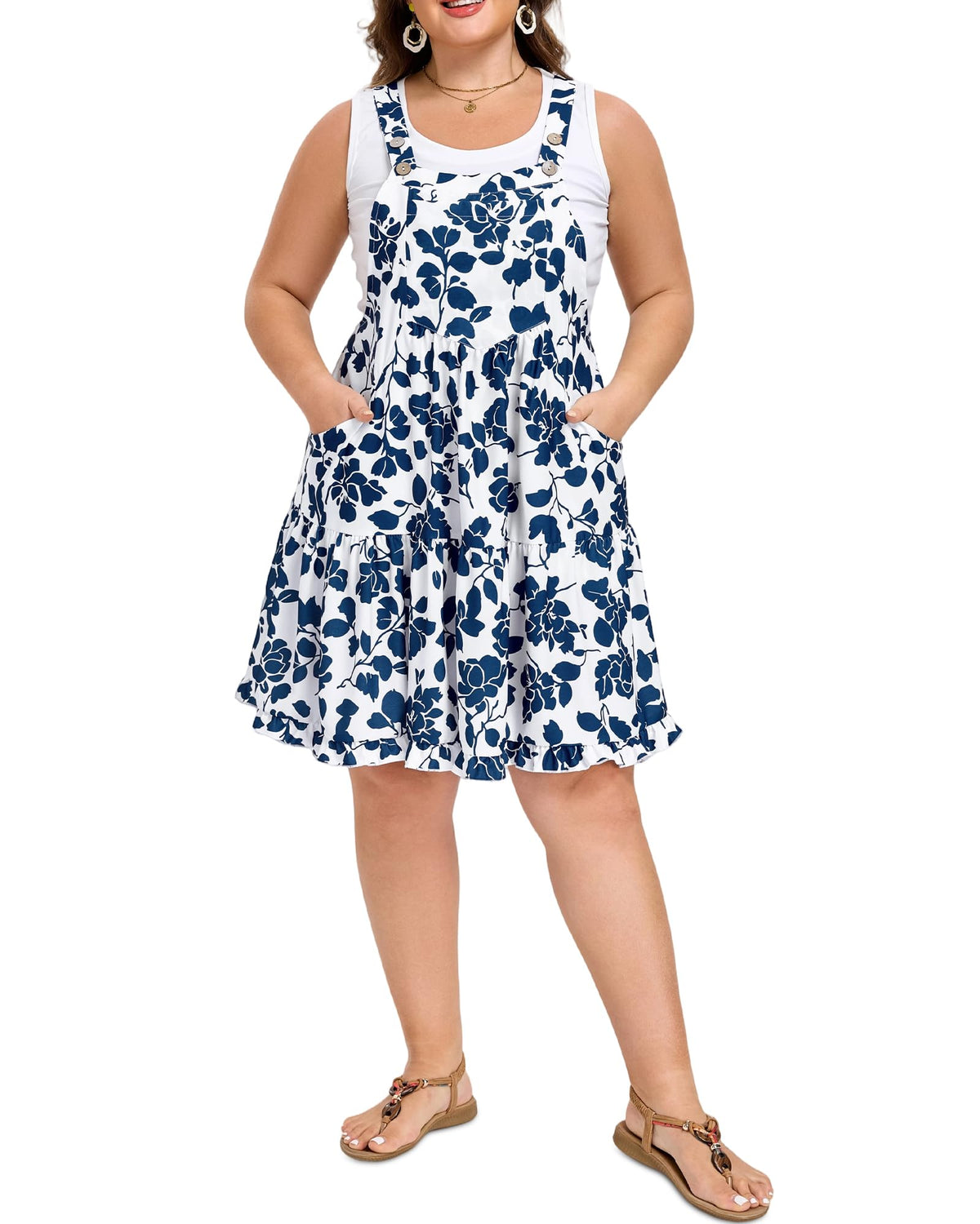 Moon Wood Plus Size Overall Dress for Women Adjustable Straps Jumper Pinafore Dress with Pockets Summer Mini Short Dress