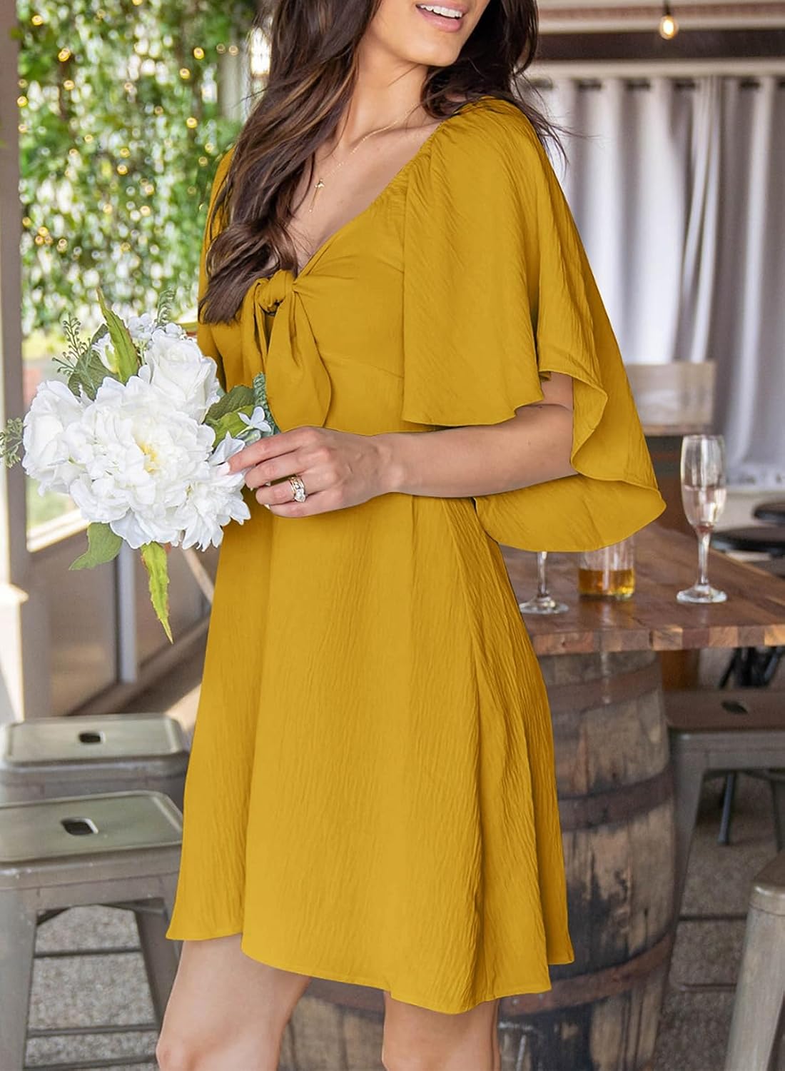 Dokotoo Womens Dresses 2026 Deep V Neck Elegant Bow tie Mini Dress S-XL