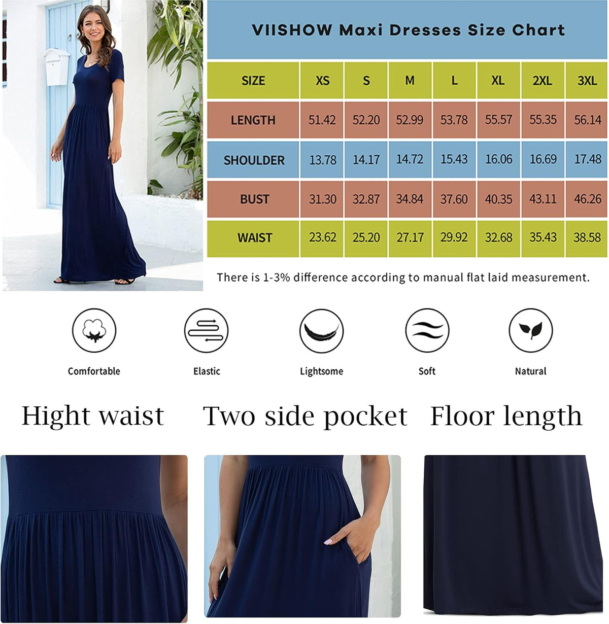 VIISHOW Women's Short Sleeve Loose Plain Maxi Dresses Casual Long Dresses with Pockets