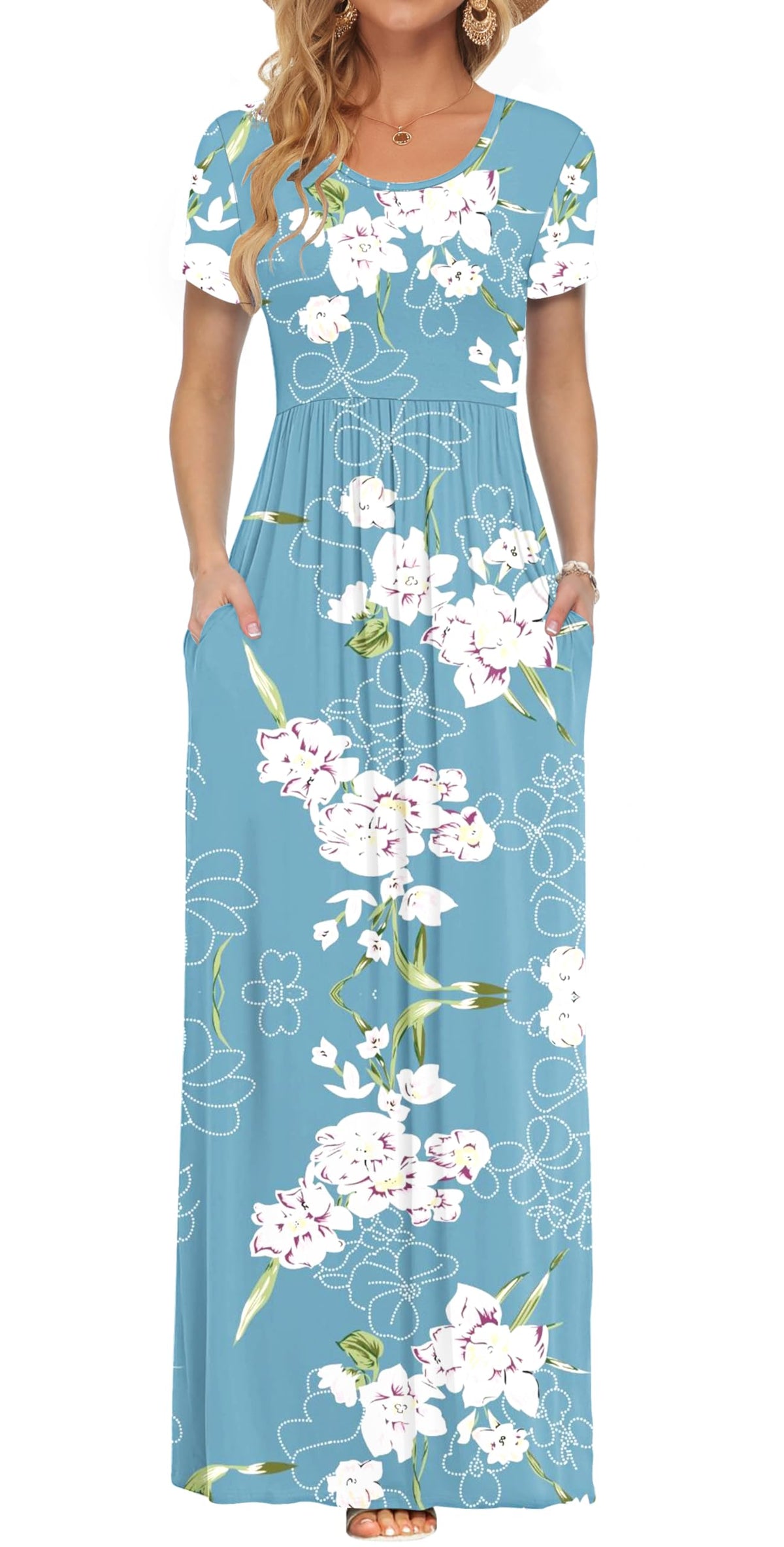 AUSELILY Women's Summer Short Sleeve Loose Plain Casual Long Maxi Dresses