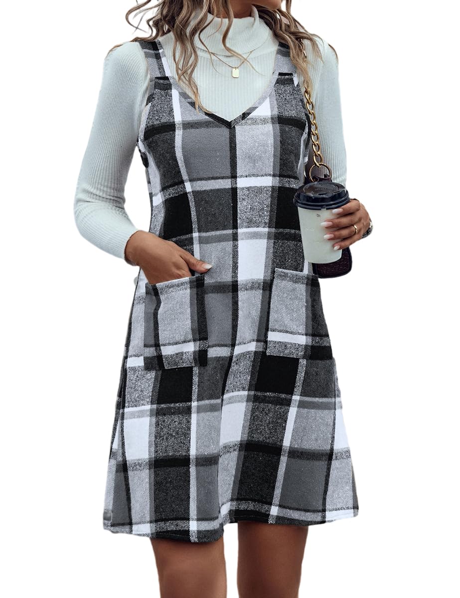 IDEALSANXUN Plaid Overall Dress for Women Fall Winter Sleeveless Plaid Dresses with Pockets