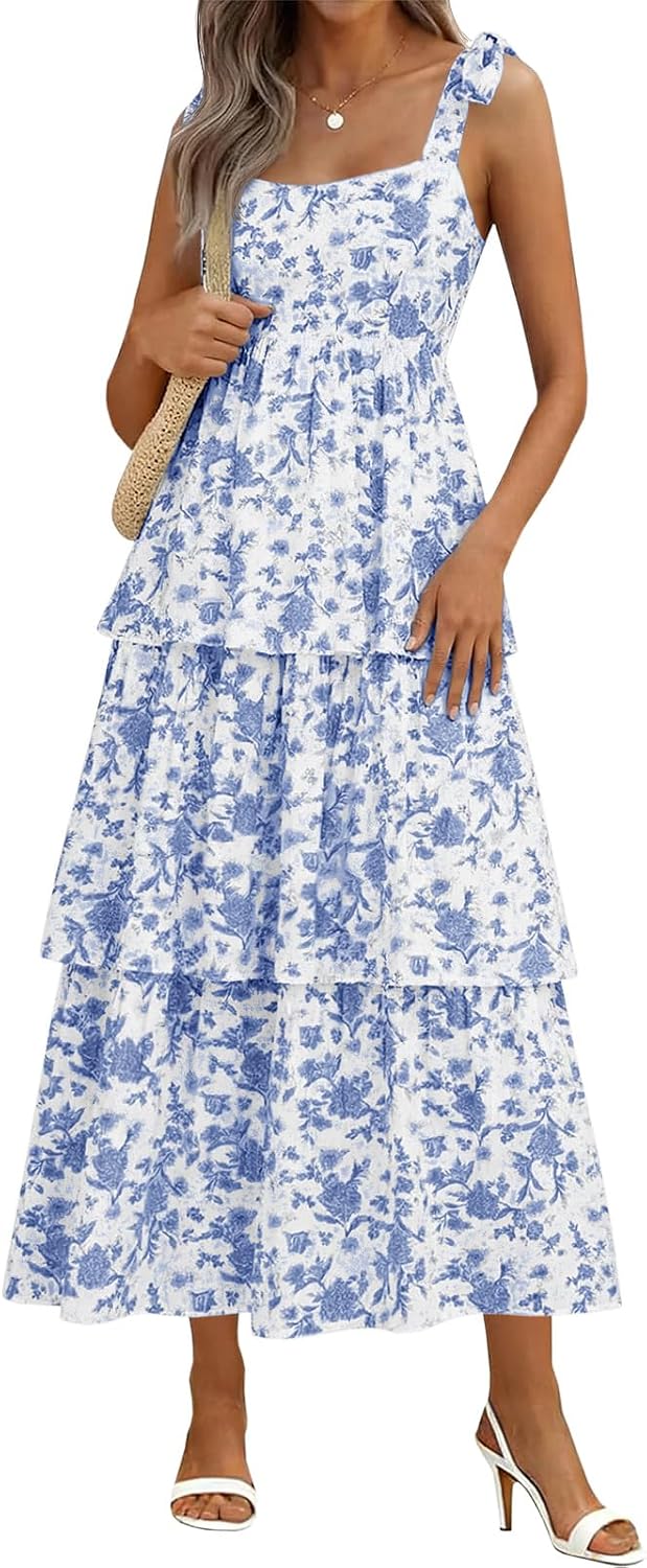 Wenrine Womens Summer Floral Maxi Dress Sleeveless Ruffle Smocked Sundress