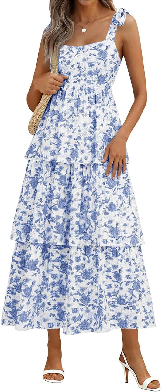 Wenrine Womens Summer Floral Maxi Dress Sleeveless Ruffle Smocked Sundress