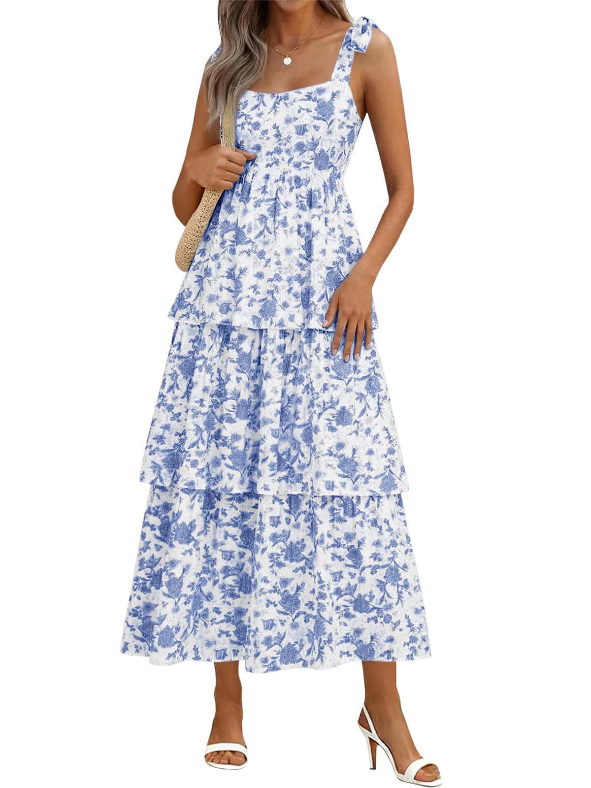 Wenrine Womens Summer Floral Maxi Dress Sleeveless Ruffle Smocked Sundress