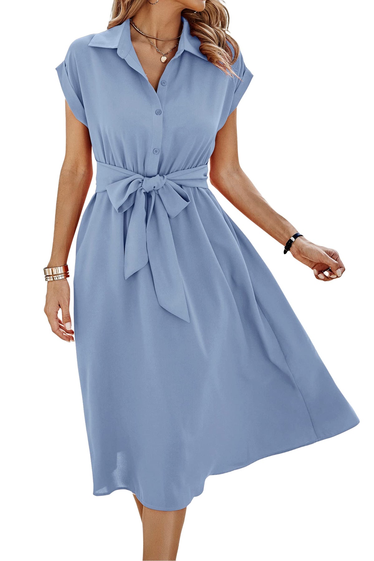 ECOWISH Womens Casual Midi Dresses Solid V Neck Short Sleeve Button Shirt Belted Dress with Pockets for Spring Summer 2026