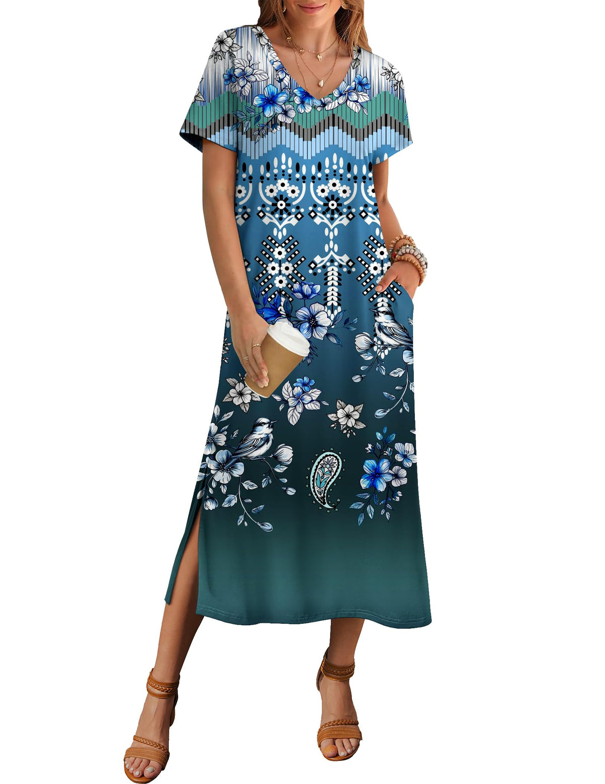 Zeagoo Women Summer Floral Dress Short Sleeve Beach Dress with Pockets Casual V-Neck Split Long T-Shirt Dress Travel Vacation