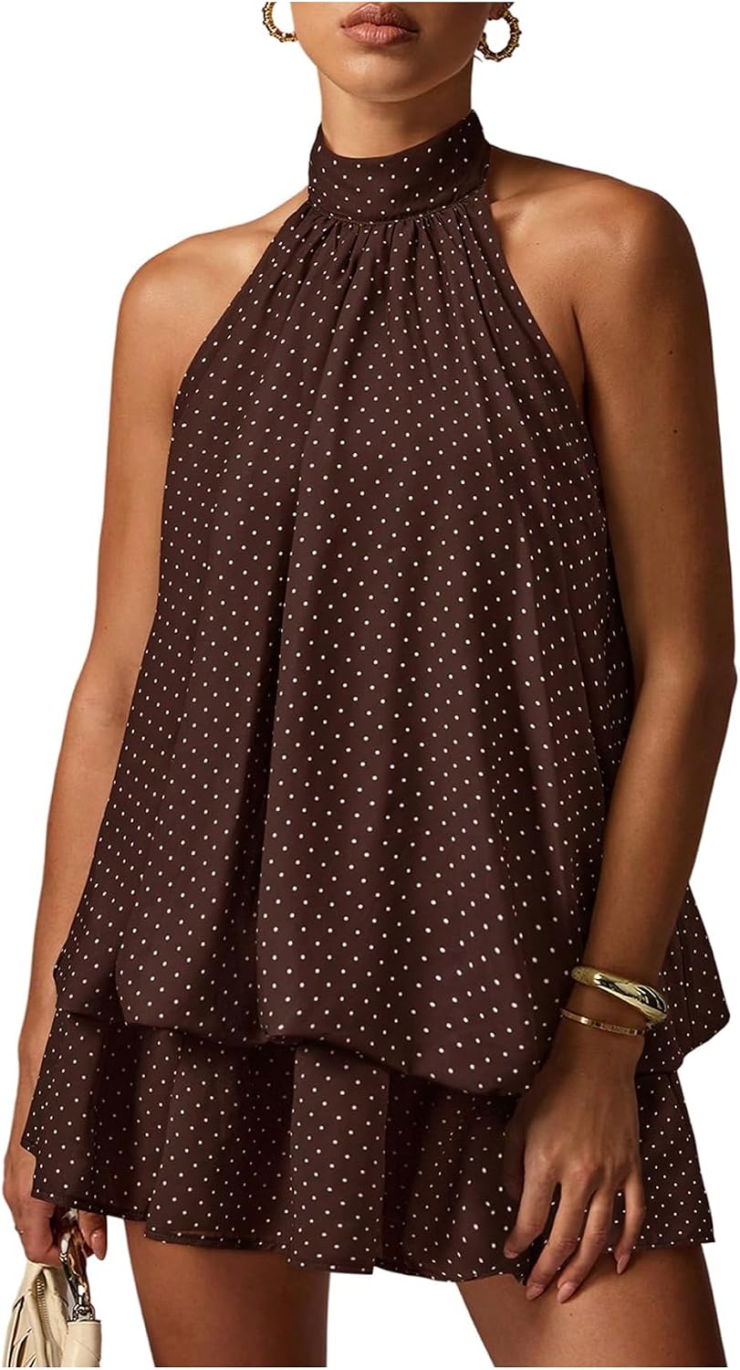 OYOANGLE Women Summer Polka Dots Halter Y2k Cute Ruffle Wedding Party Dress