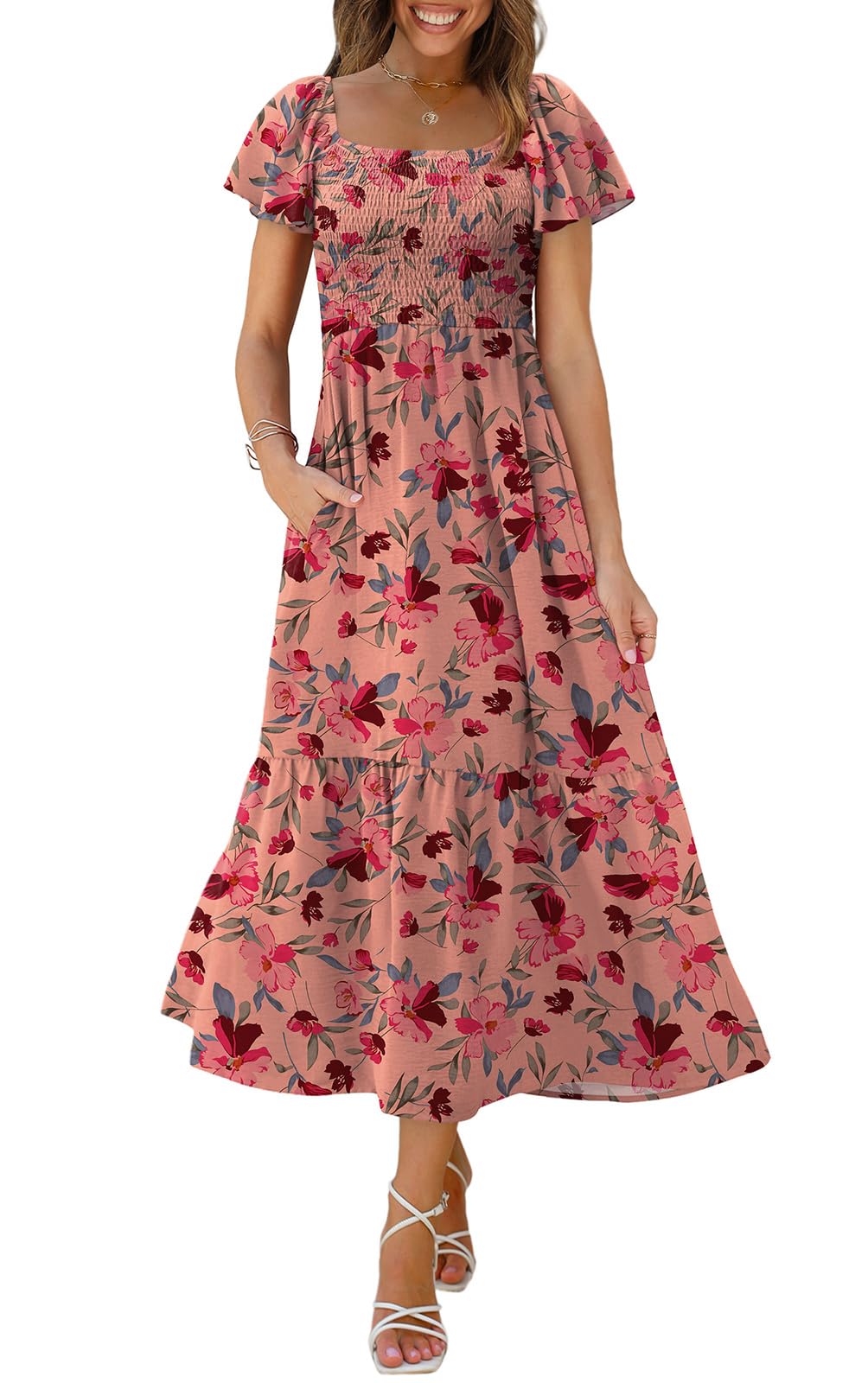 OFEEFAN Summer Dresses for Women Square Neck Ruffle Sleeve Smocked Maxi Dress with Pockets