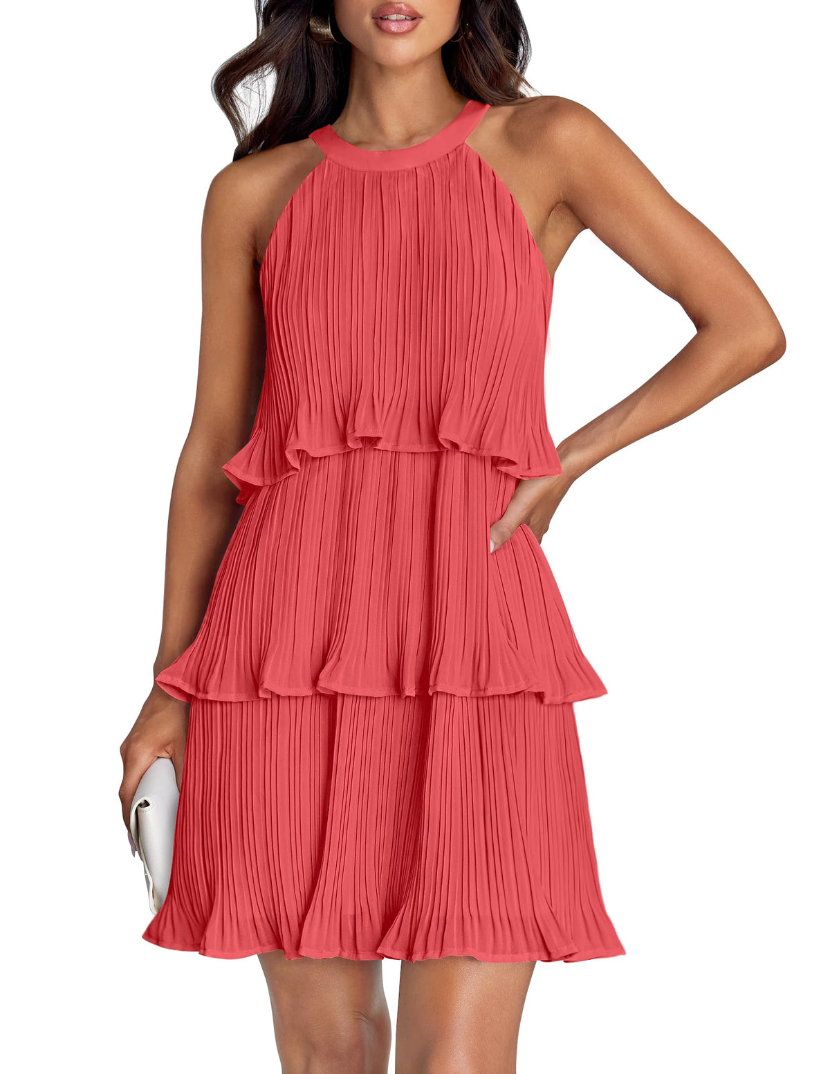 ZESICA Women's Summer Halter Ruffle Tiered Cocktail Mini Dresses