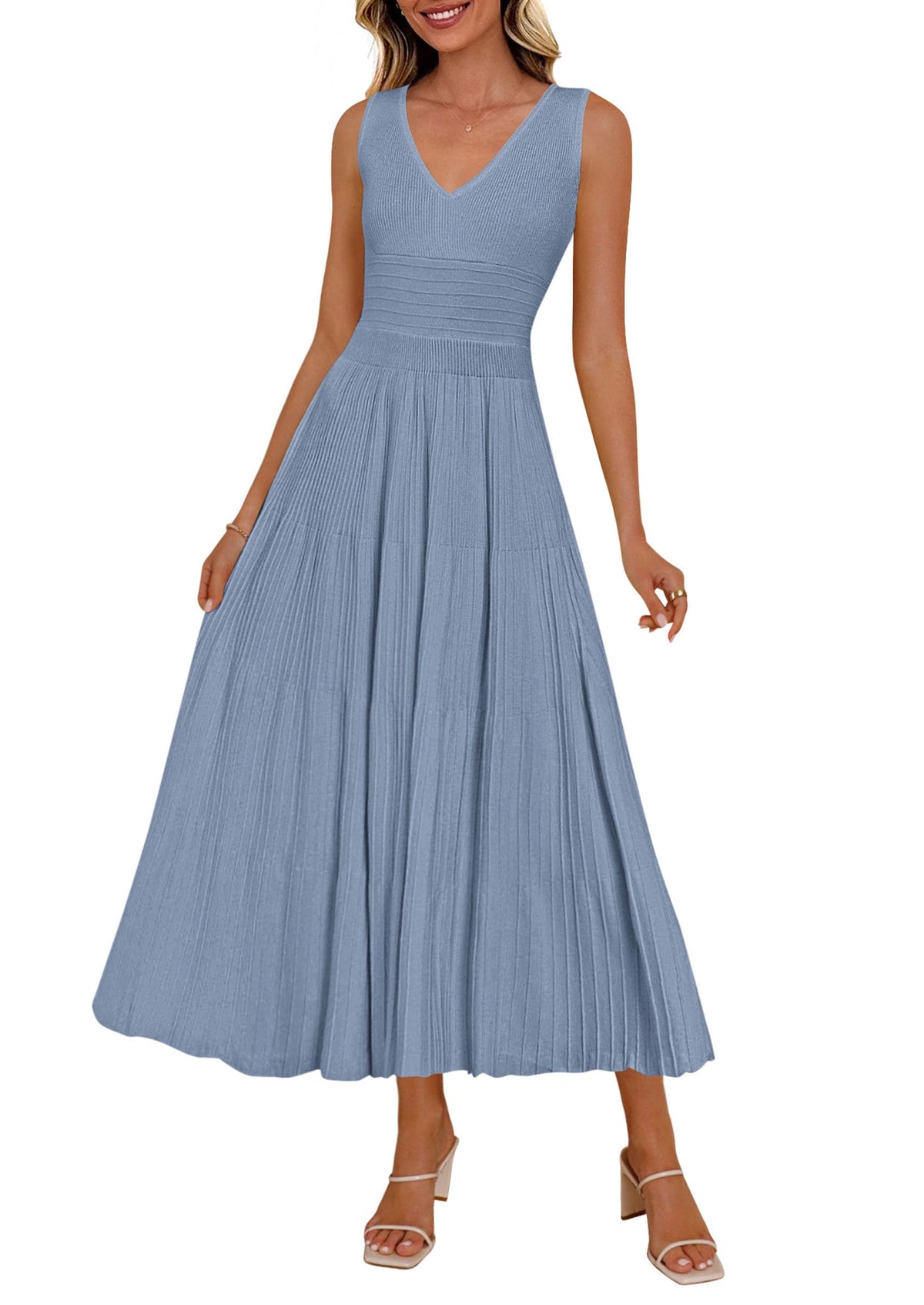 PRETTYGARDEN Women's Summer V Neck Pleated Midi Dress