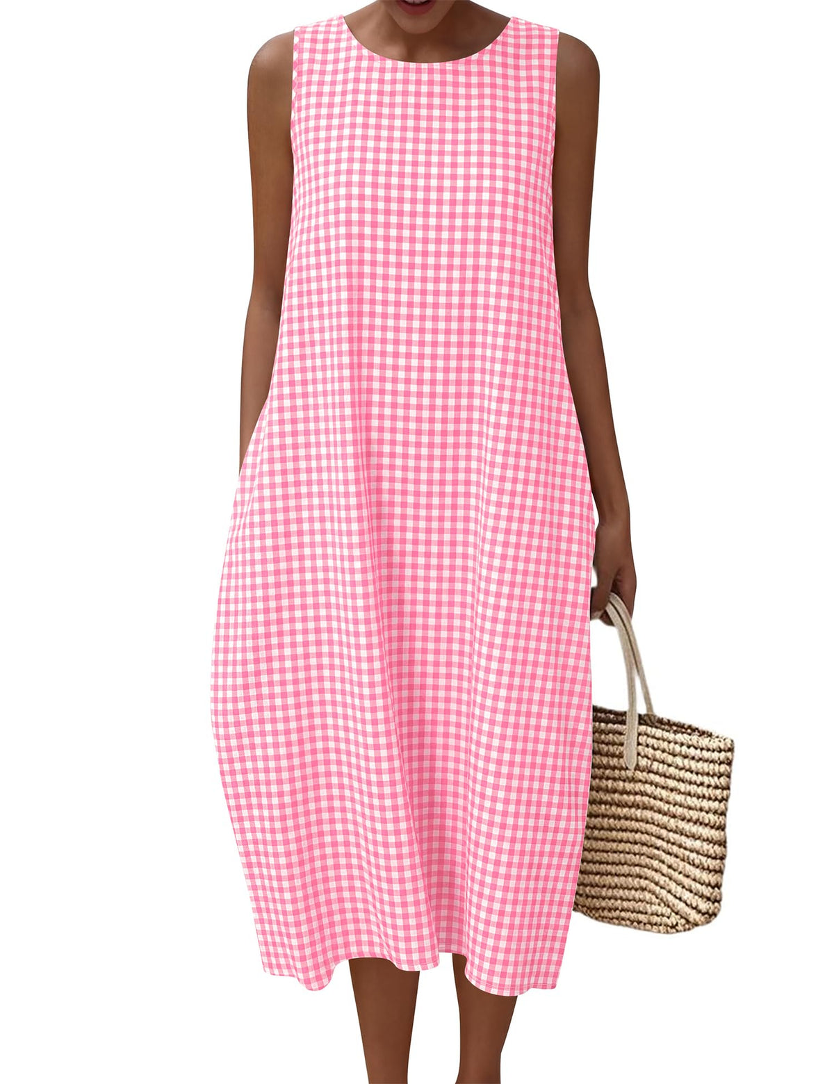 LOMON Womens Summer Sleeveless Dress Cotton Gingham Striped with Pockets