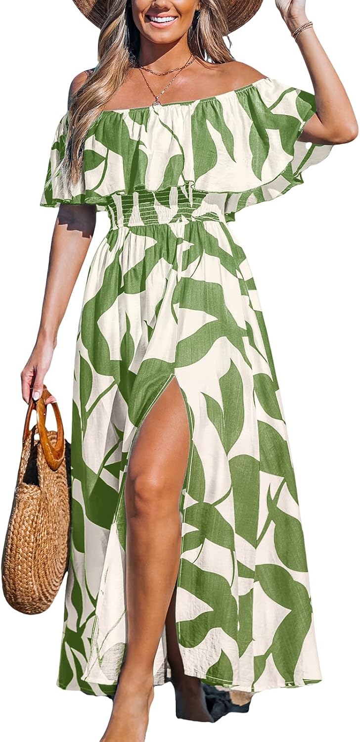 CUPSHE Womens Ruffle Floral Maxi Summer Dress Off Shoulder Beach Dress