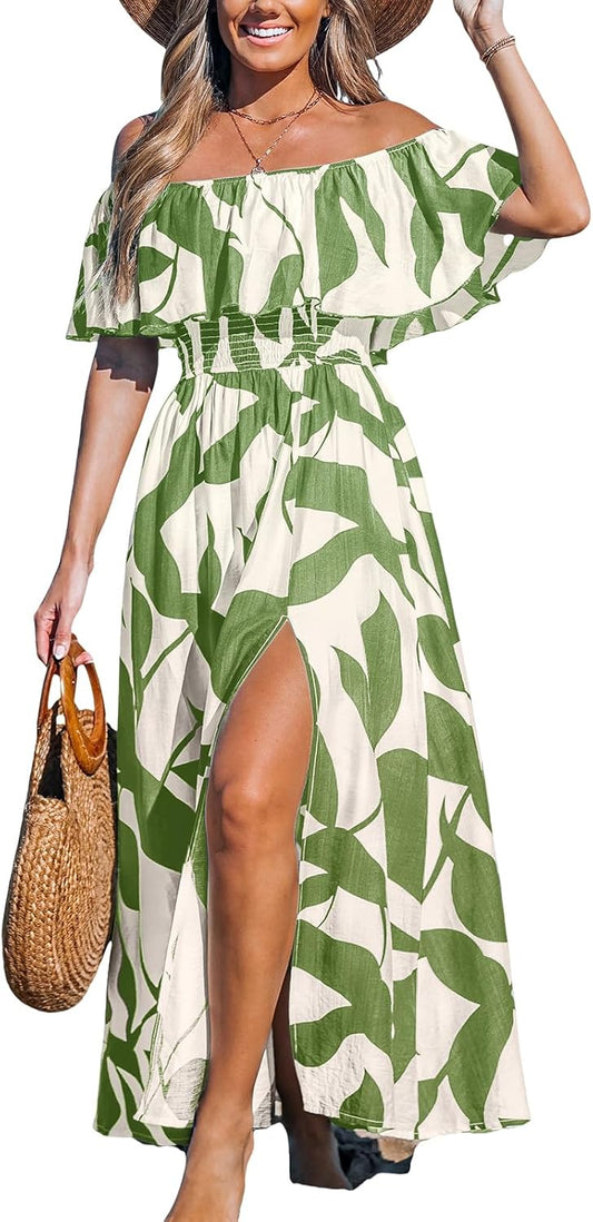 CUPSHE Womens Ruffle Floral Maxi Summer Dress Off Shoulder Beach Dress