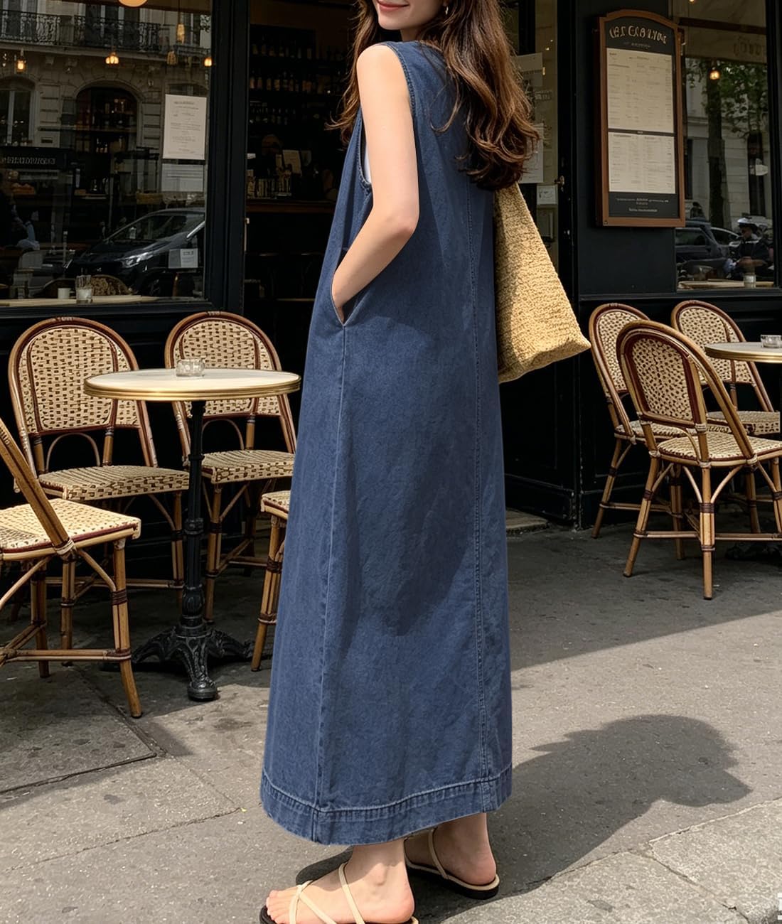 Retro Denim Jumper Dress for Women Sleeveless Crewneck Maxi Long Jean Vest Shift Dress with Pockets