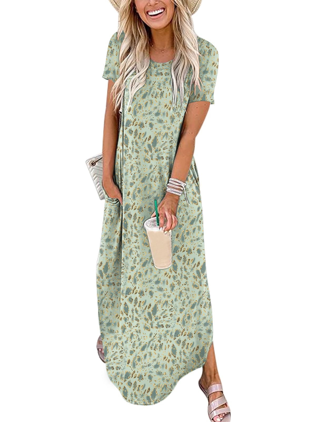 ANRABESS Womens Summer Maxi Dress Short Sleeve Casual Loose Long T Shirt Dresses Split Vacation Beach Sundress Travel Outfits