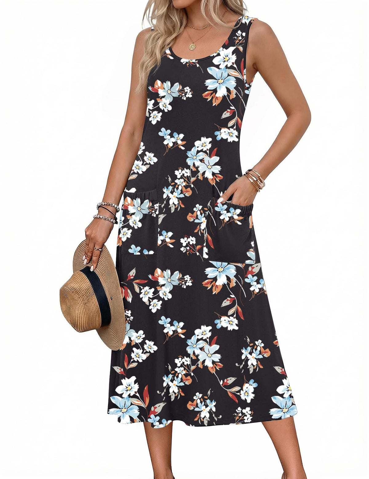 Zeagoo Womens Summer Midi Dresses 2026 Casual Sleeveless Tank Sundresses A Line Crewneck Beach Vacation Dress with Pockets