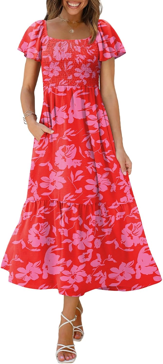 OFEEFAN Summer Dresses for Women Square Neck Ruffle Sleeve Smocked Maxi Dress with Pockets