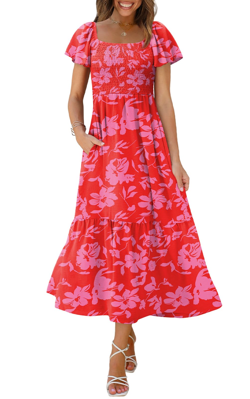 OFEEFAN Summer Dresses for Women Square Neck Ruffle Sleeve Smocked Maxi Dress with Pockets