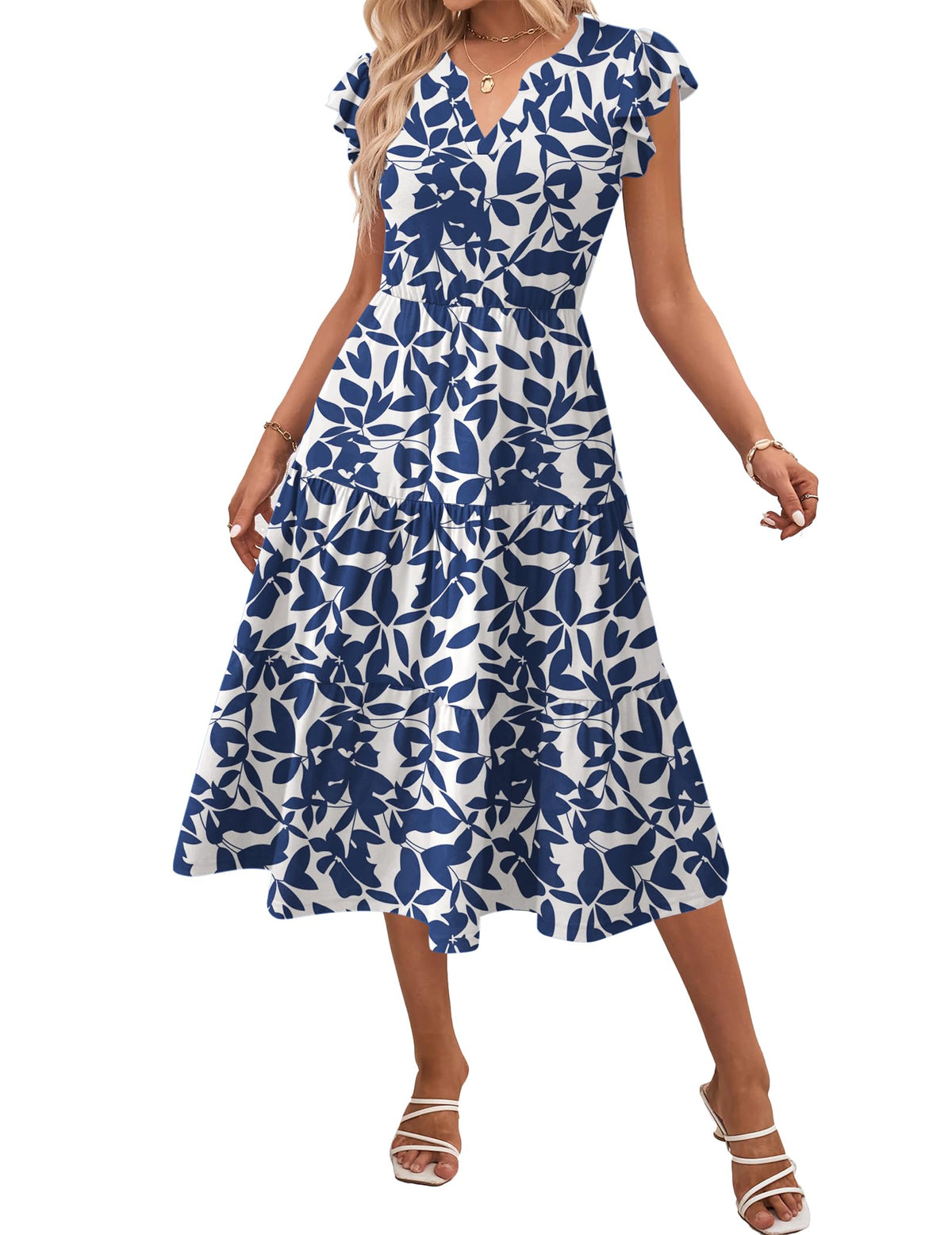 ZEAGOO Womens Summer Casual Dresses Ruffle Sleeve V Neck Midi Dress Flowy Tiered Dress with Pockets Boho Sundresses