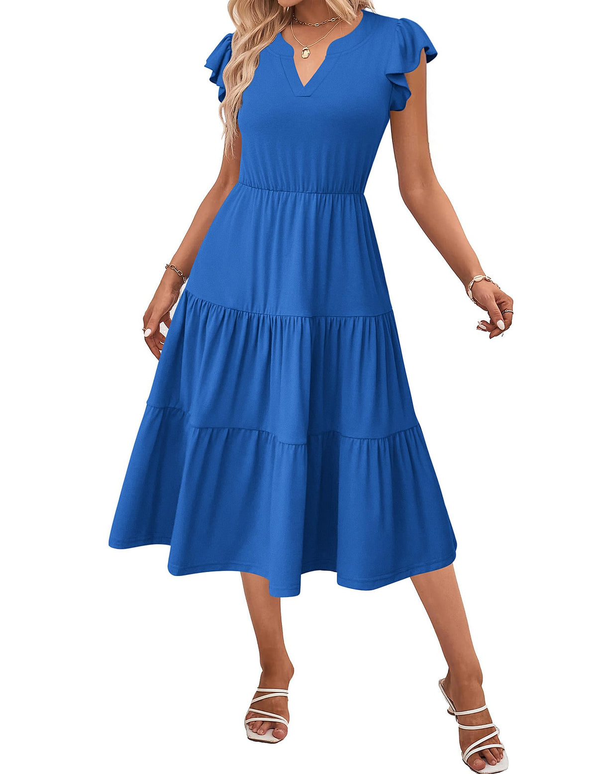 ZEAGOO Womens Summer Casual Dresses Ruffle Sleeve V Neck Midi Dress Flowy Tiered Dress with Pockets Boho Sundresses