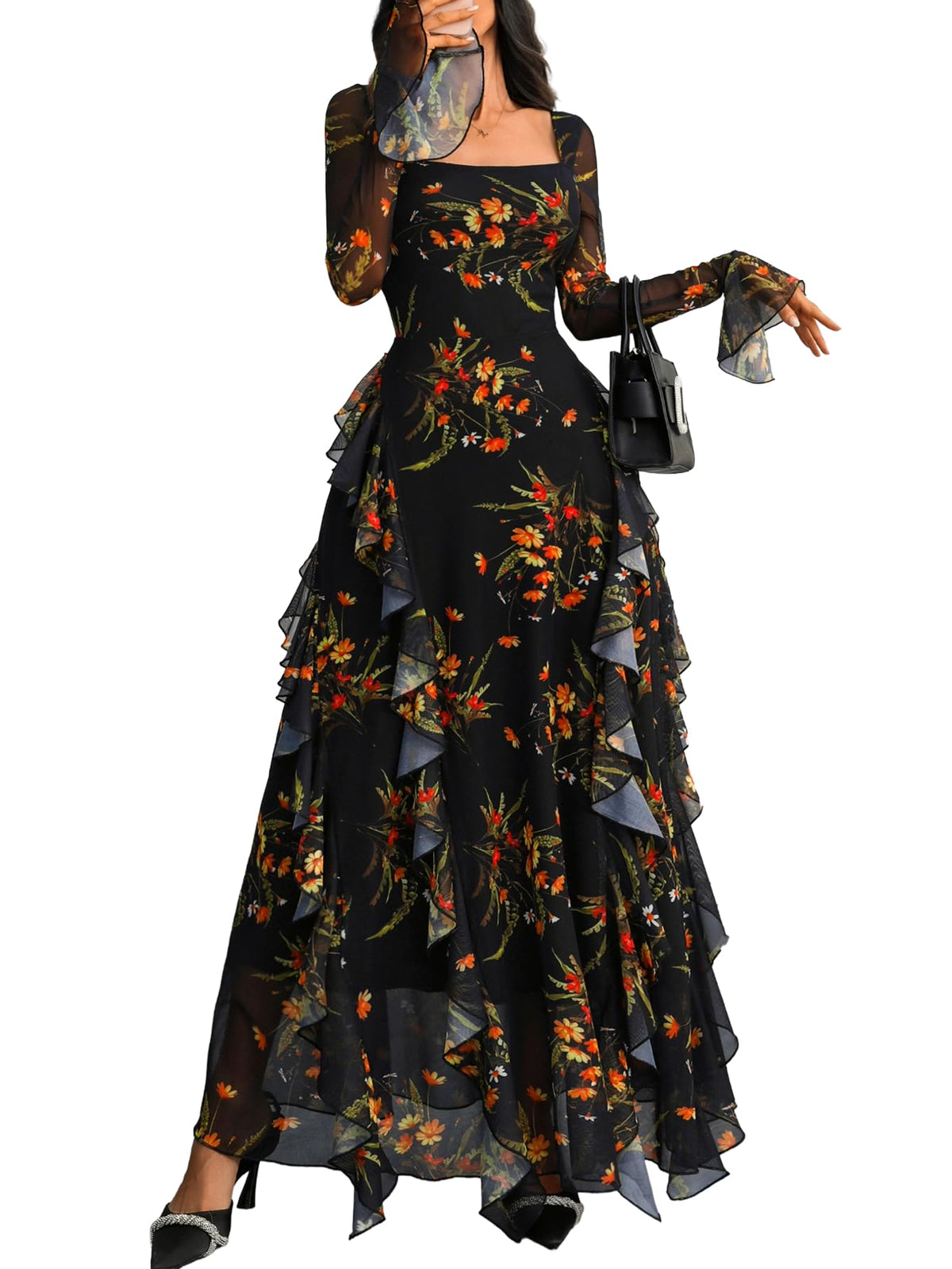 GothDark Women's Floral Dress Long Sleeve Square Neck Ruffle Party Outfit