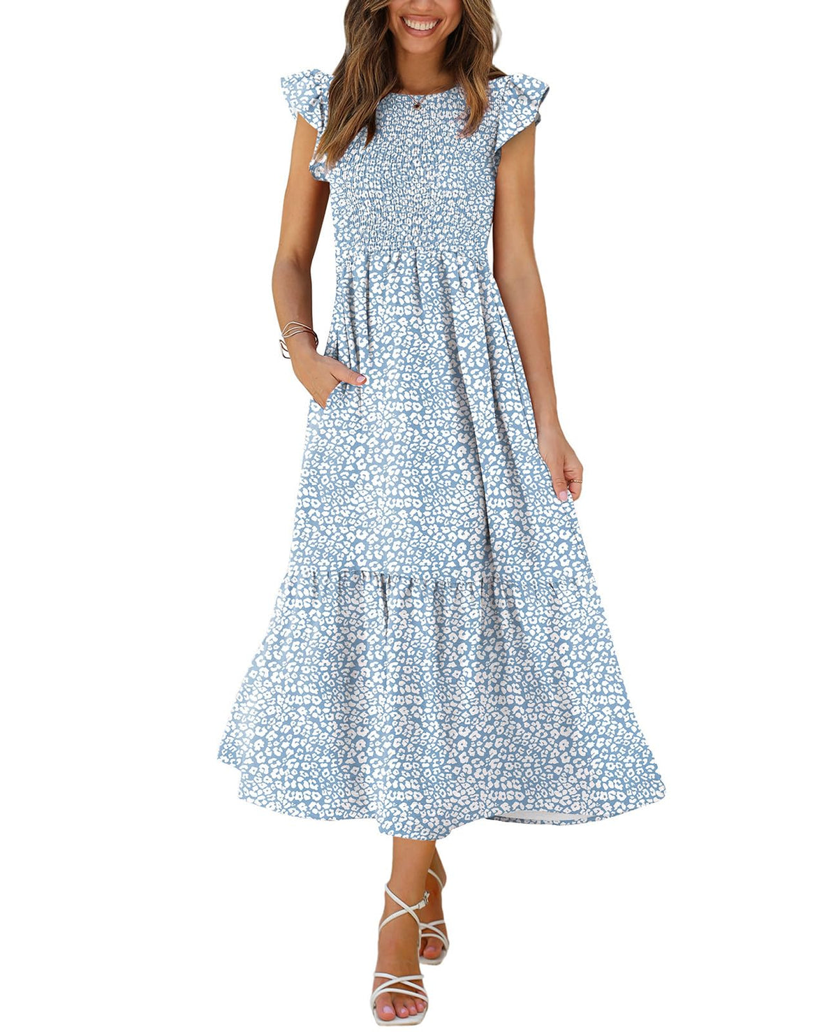 OFEEFAN Women's Casual Maxi Dresses with Pockets Ruffle Sleeve Smocked Dress XS-2XL